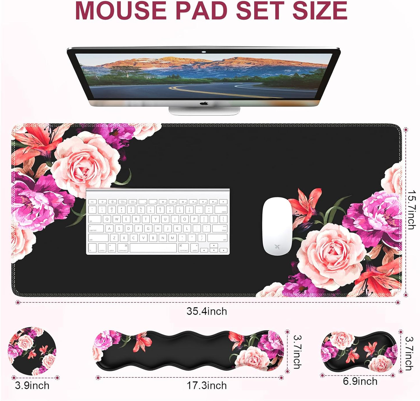 Ileadon Mouse Pad Set, Desk Mat + Mouse Pad with Wrist Rest + Keyboard Wrist Rest + Coaster, Mouse and Keyboard Pad Set with Stitched Edge & Non-Slip Base, Desk Pad Mat for Work Gaming, Peony Flower