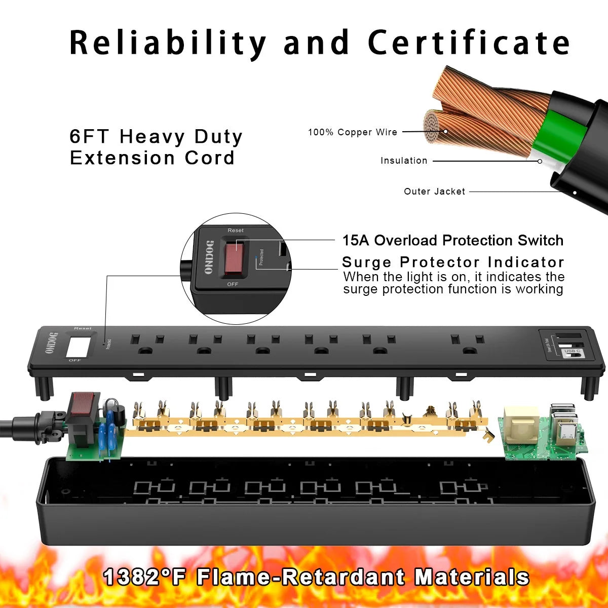 6 Ft Extension Cord Power Strip - 6 AC Outlets and 3 USB Ports Surge Protector(2100J), ETL