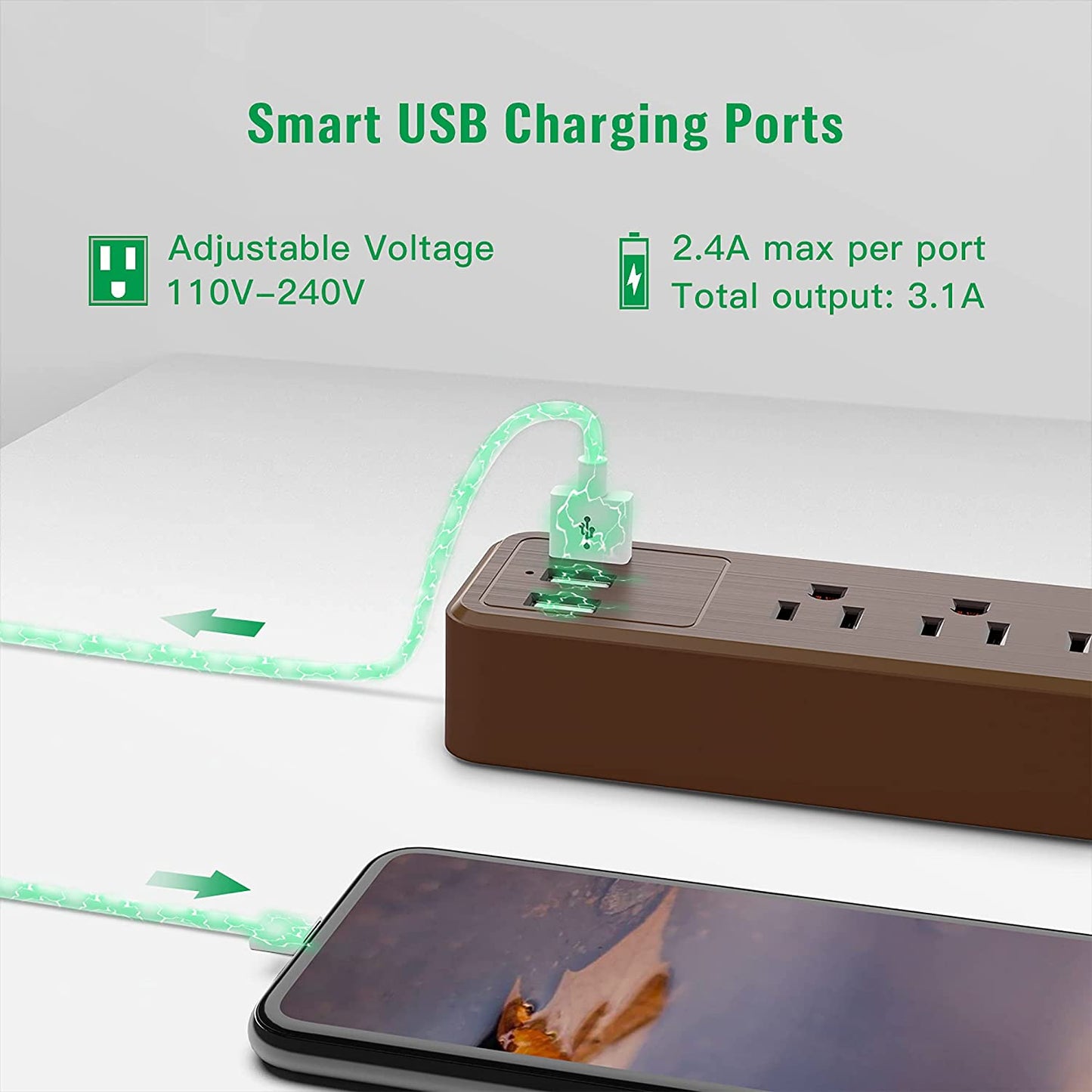 4.5 Ft 10A Surge Protector Power Strip with 5 Outlets & 3 USB Ports, Mountable Light, Brown