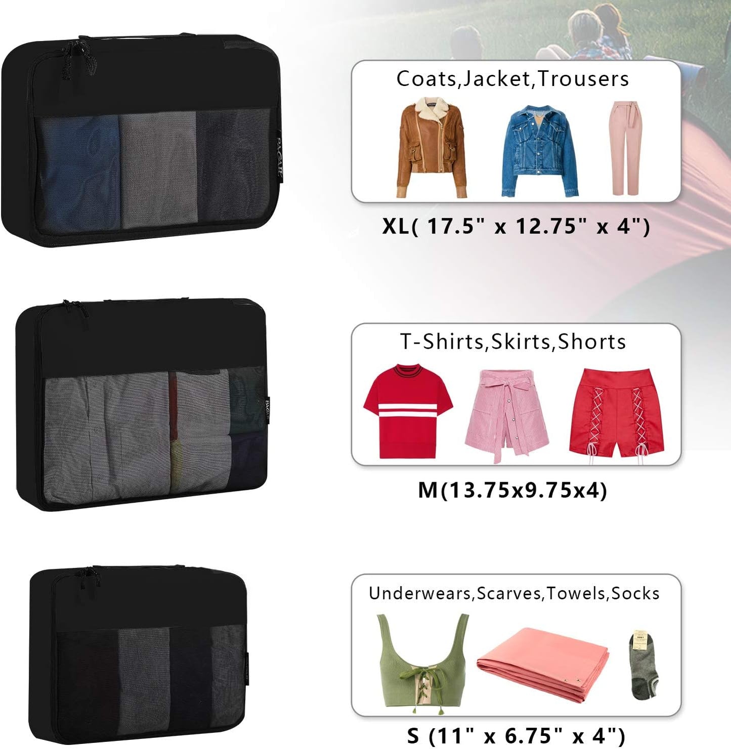 BAGAIL 6 Set / 8 Set Packing Cubes Luggage Packing Organizers for Travel Accessories (6 Set Black)