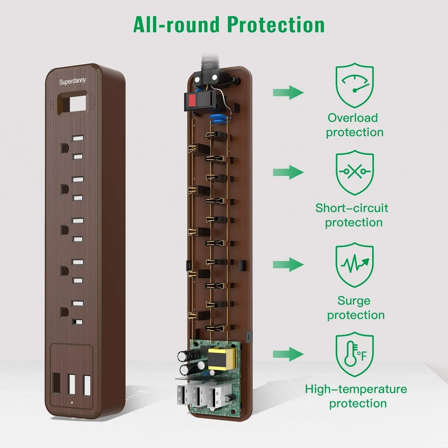 4.5 Ft 10A Surge Protector Power Strip with 5 Outlets & 3 USB Ports, Mountable Light, Brown