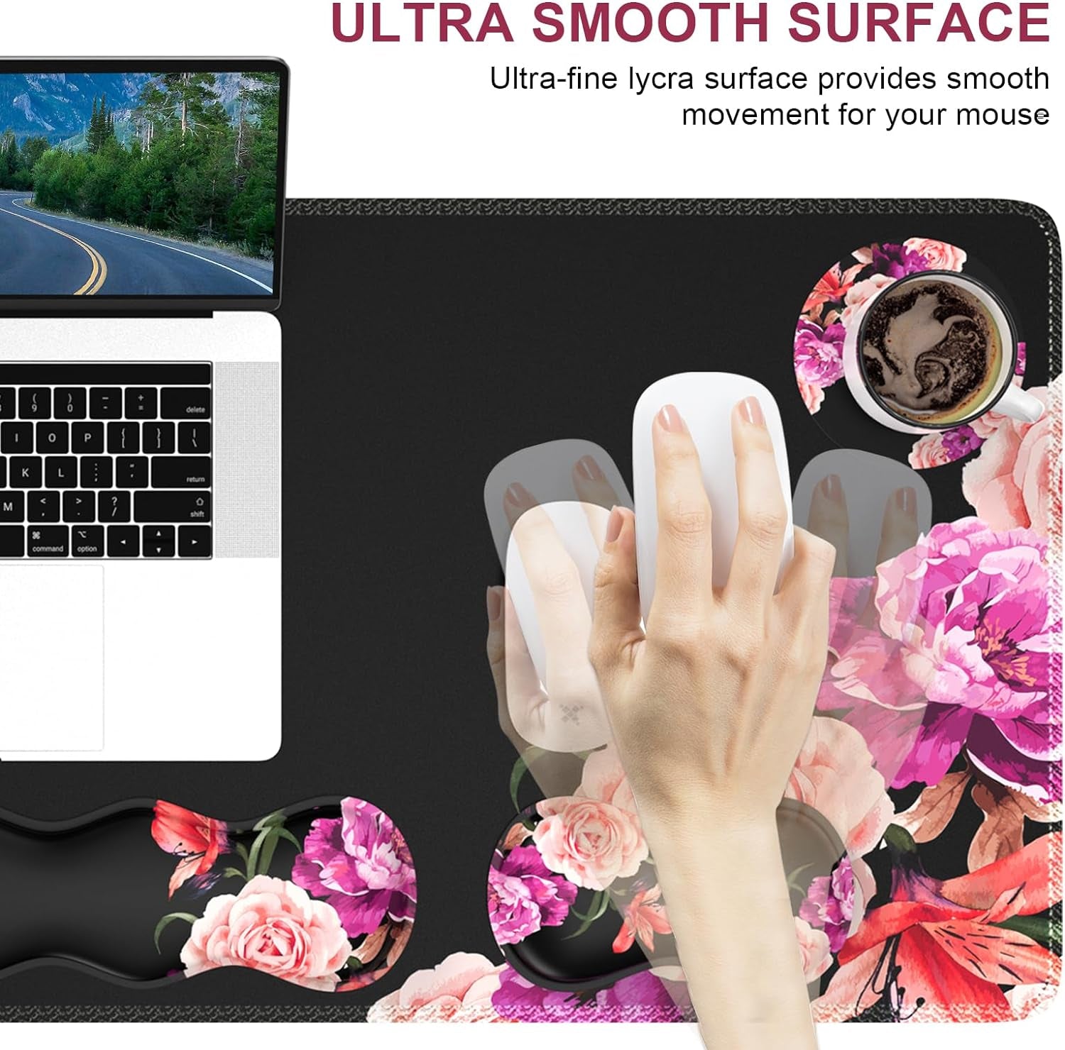 Ileadon Mouse Pad Set, Desk Mat + Mouse Pad with Wrist Rest + Keyboard Wrist Rest + Coaster, Mouse and Keyboard Pad Set with Stitched Edge & Non-Slip Base, Desk Pad Mat for Work Gaming, Peony Flower