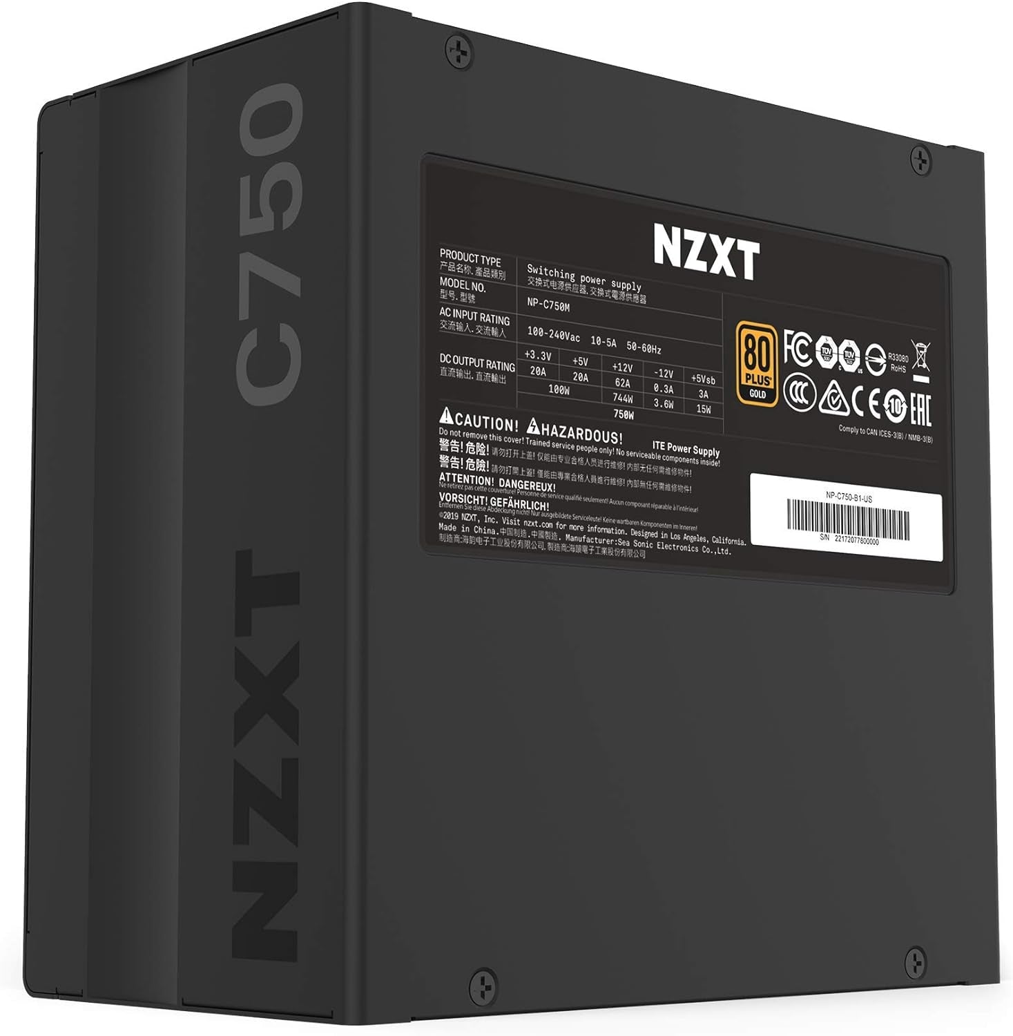 NZXT C750 - NP-C750M - 750 Watt PSU - 80+ Gold Certified - Hybrid Silent Fan Control - Fluid Dynamic Bearings - Modular Design - Sleeved Cables - ATX Gaming Power Supply - 2020
