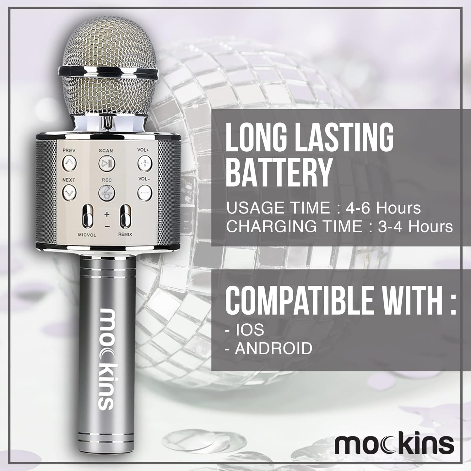 Mockins Silver Bluetooth Karaoke Microphone for Kids with Built in Bluetooth Microphone Wireless Speaker| Wireless Microphone Karaoke Compatible with Ios & Android | All-In-One Karaoke Mic