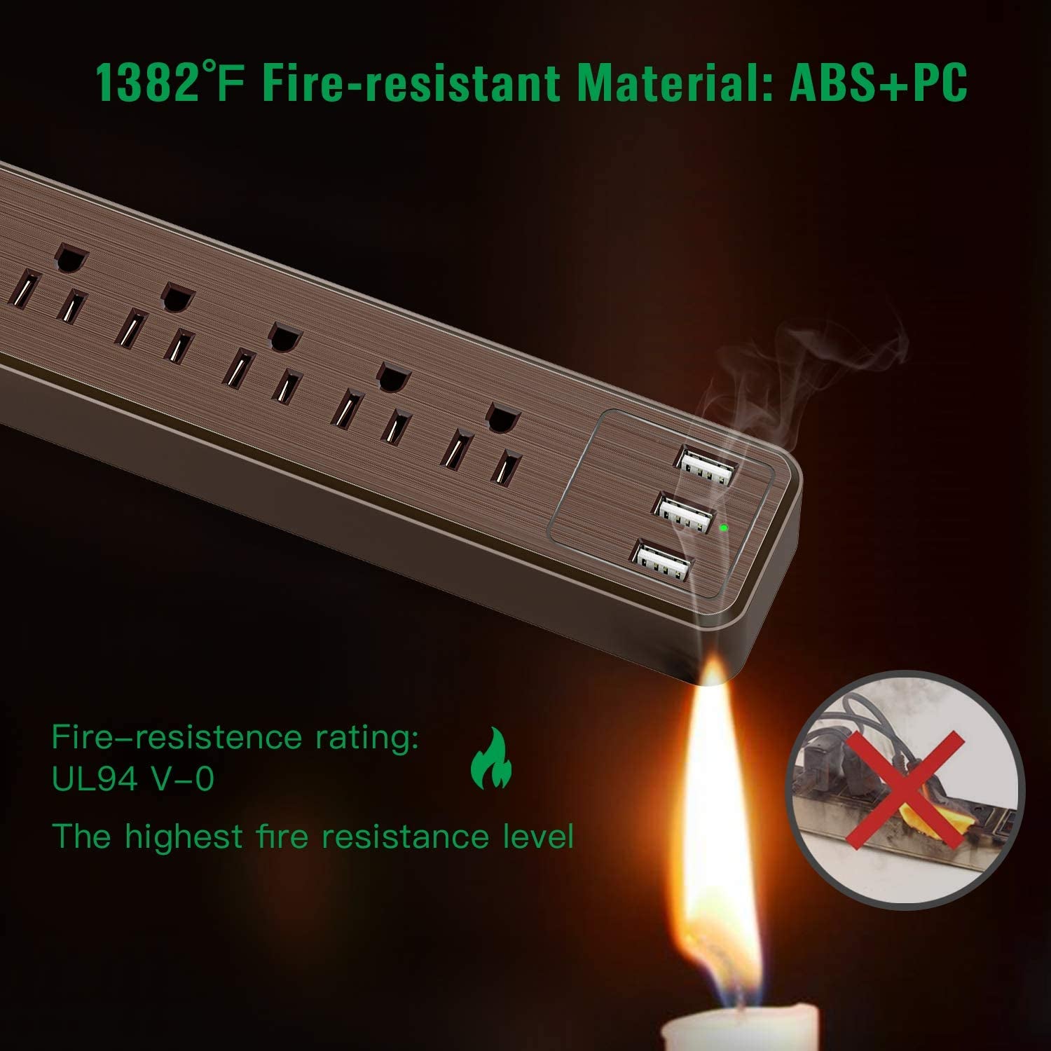 4.5 Ft 10A Surge Protector Power Strip with 5 Outlets & 3 USB Ports, Mountable Light, Brown