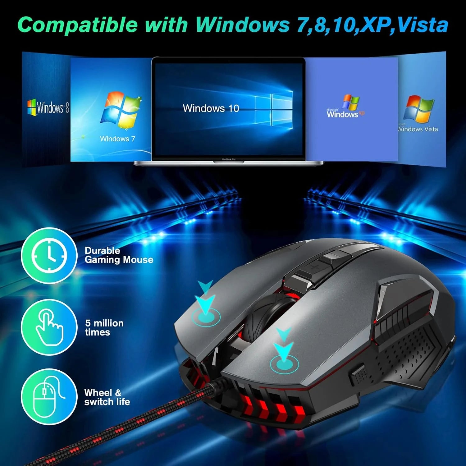 Gaming Mouse Wired RGB PC Gaming Mice, 4 Color Backlight, Ergonomic Optical Computer Wired Mouse with Fire Button for Desktop PC Laptop Gamer & Work