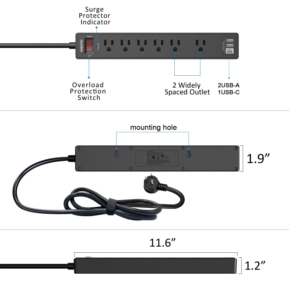 6 Ft Extension Cord Power Strip - 6 AC Outlets and 3 USB Ports Surge Protector(2100J), ETL