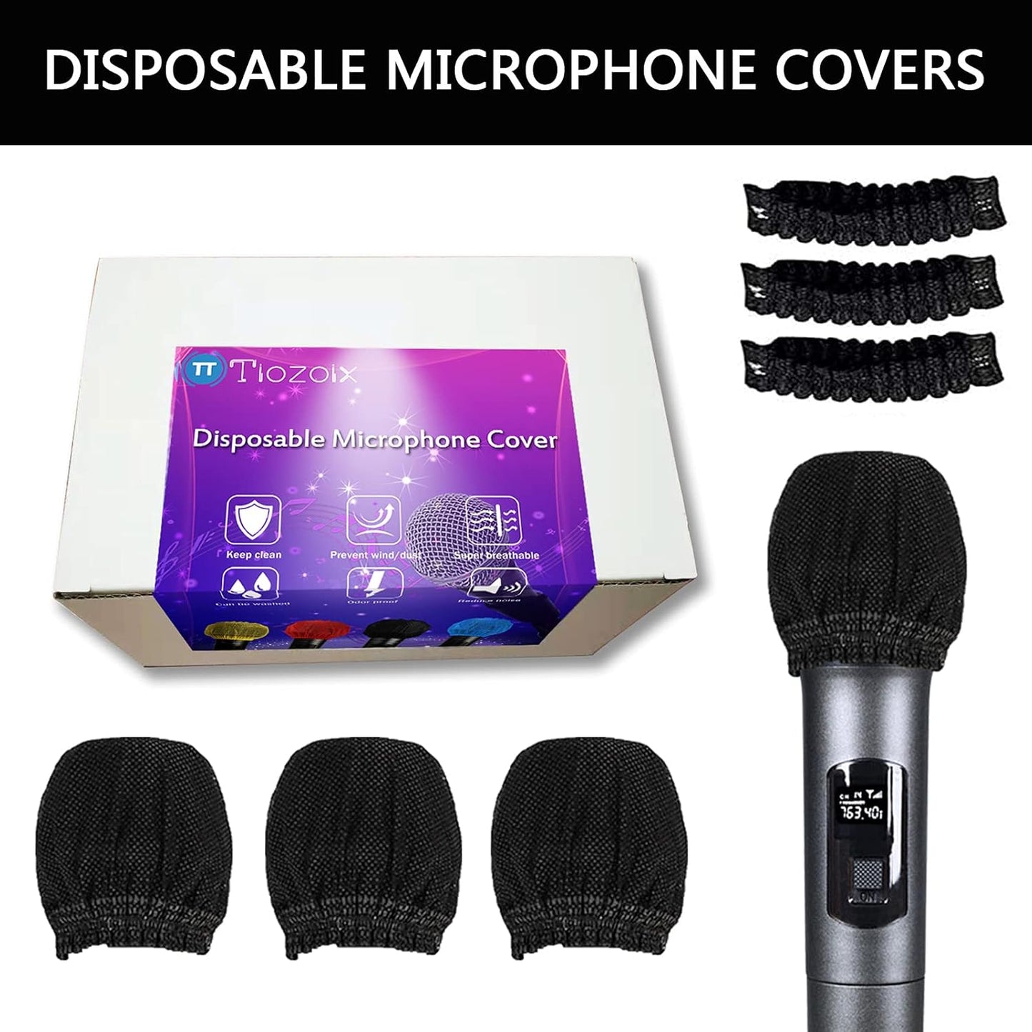 200 Pcs Disposable Microphone Cover Non-Woven Handheld Microphone Protective Cover Individually Wrapped Clean and No-Odor Windscreen Mic Covers for KTV & Karaoke (Black)