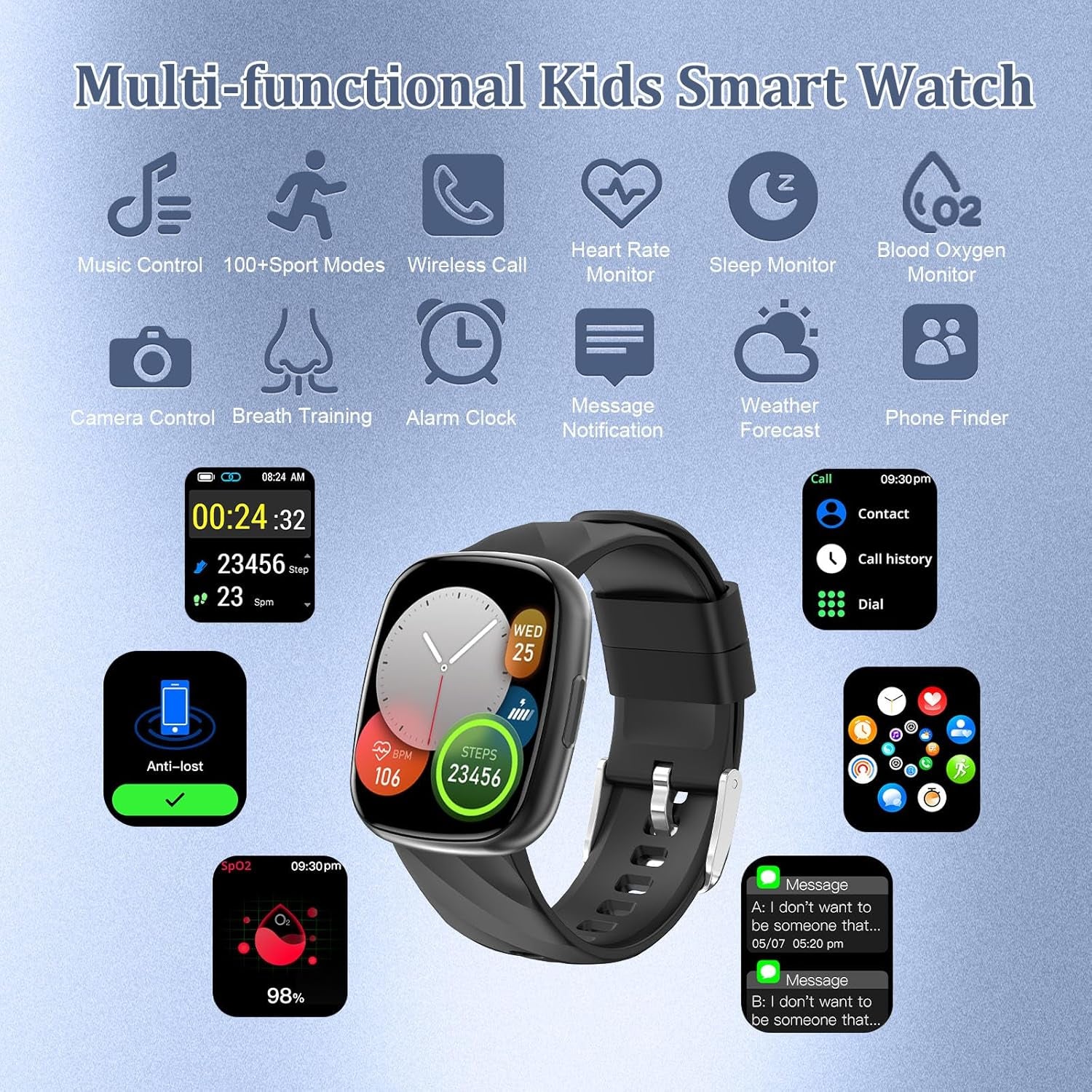 AXYWINBO Kids Smart Watch, IP68 Waterproof Fitness Tracker with 100 Exercise Modes, Heart Rate & Sleep Monitor, Sedentary Reminder, Black