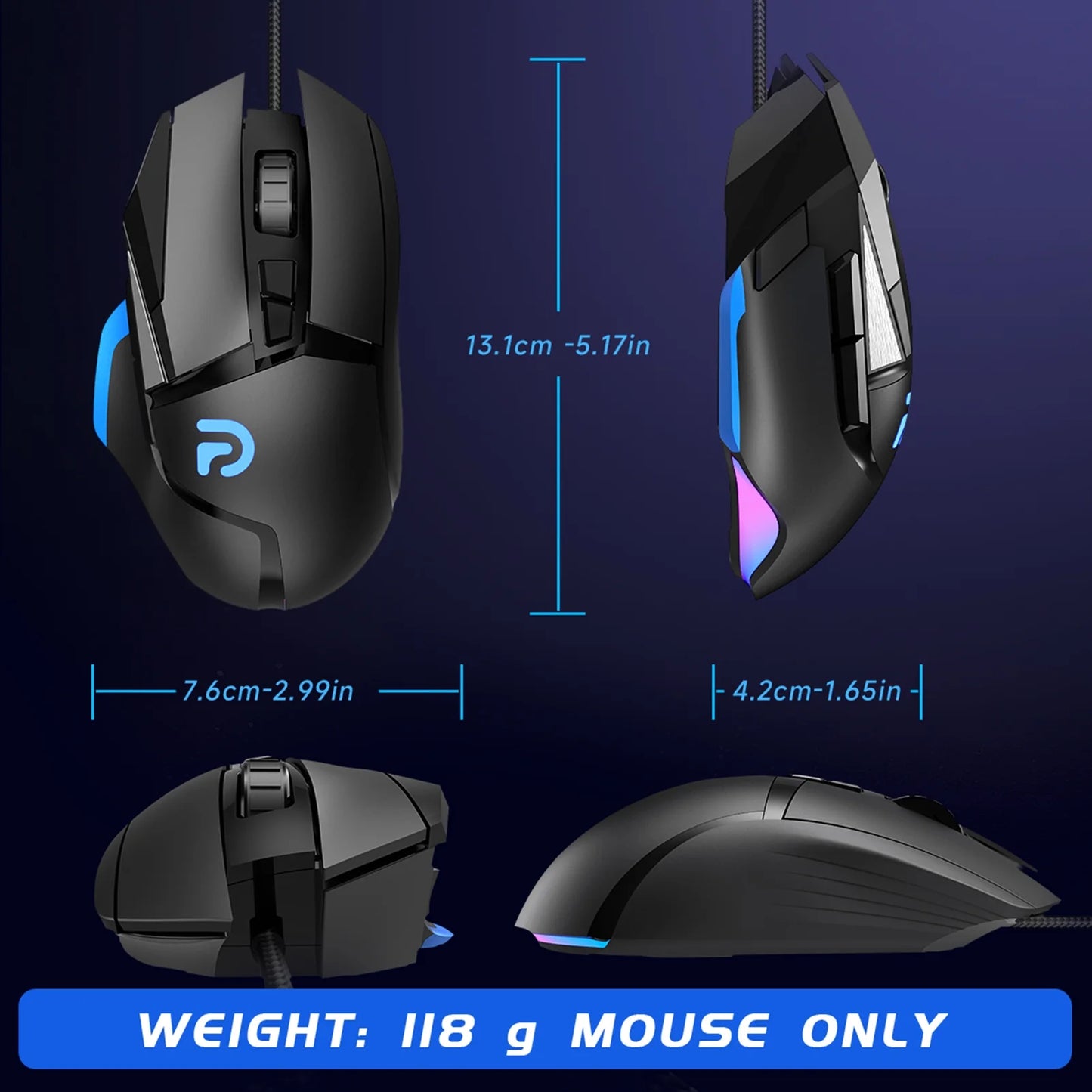 Wired Gaming Mouse for Pc/Mac/Laptop, 16000 DPI True Optical Sensor, 8 Programmable Buttons, RGB - Black