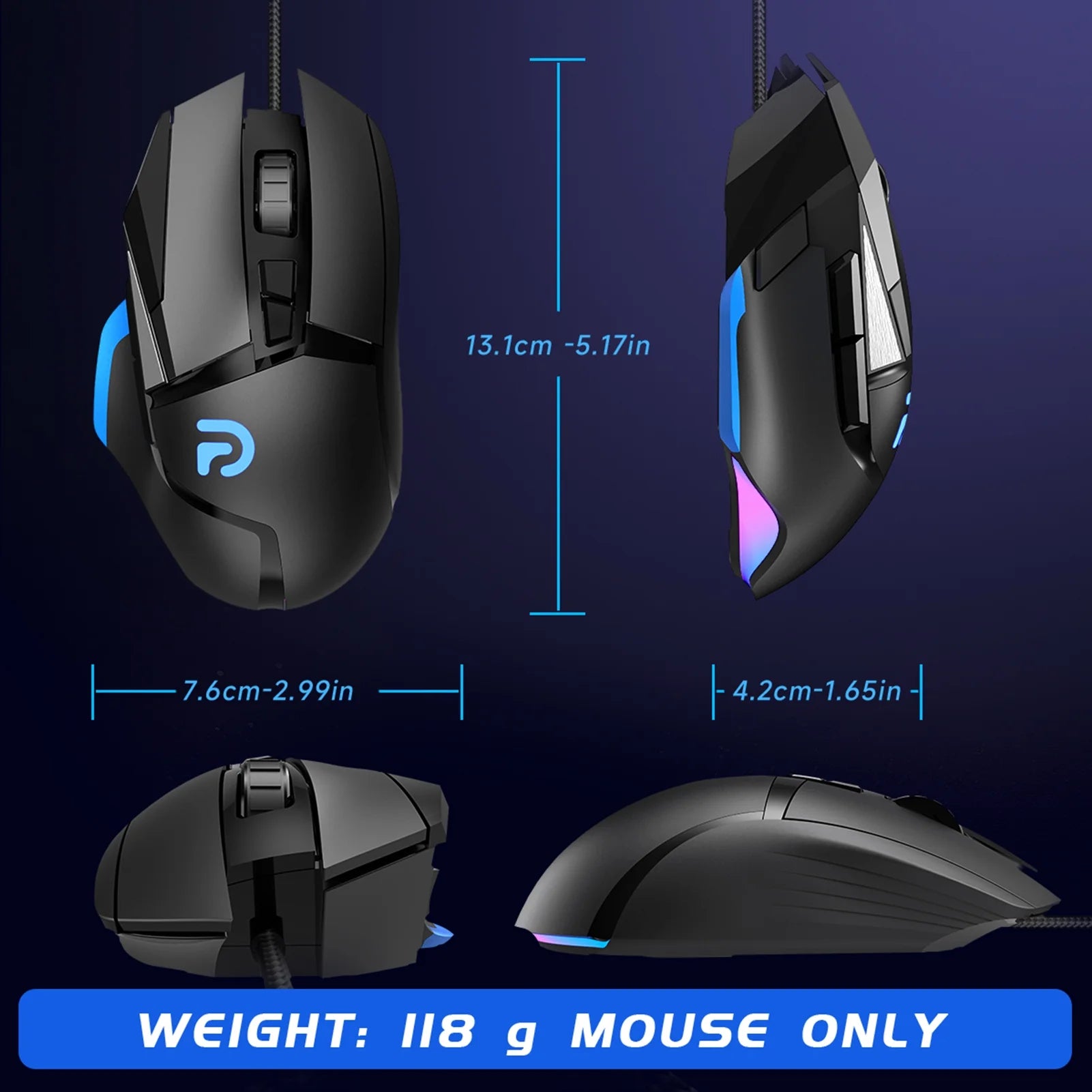 Wired Gaming Mouse for Pc/Mac/Laptop, 16000 DPI True Optical Sensor, 8 Programmable Buttons, RGB - Black