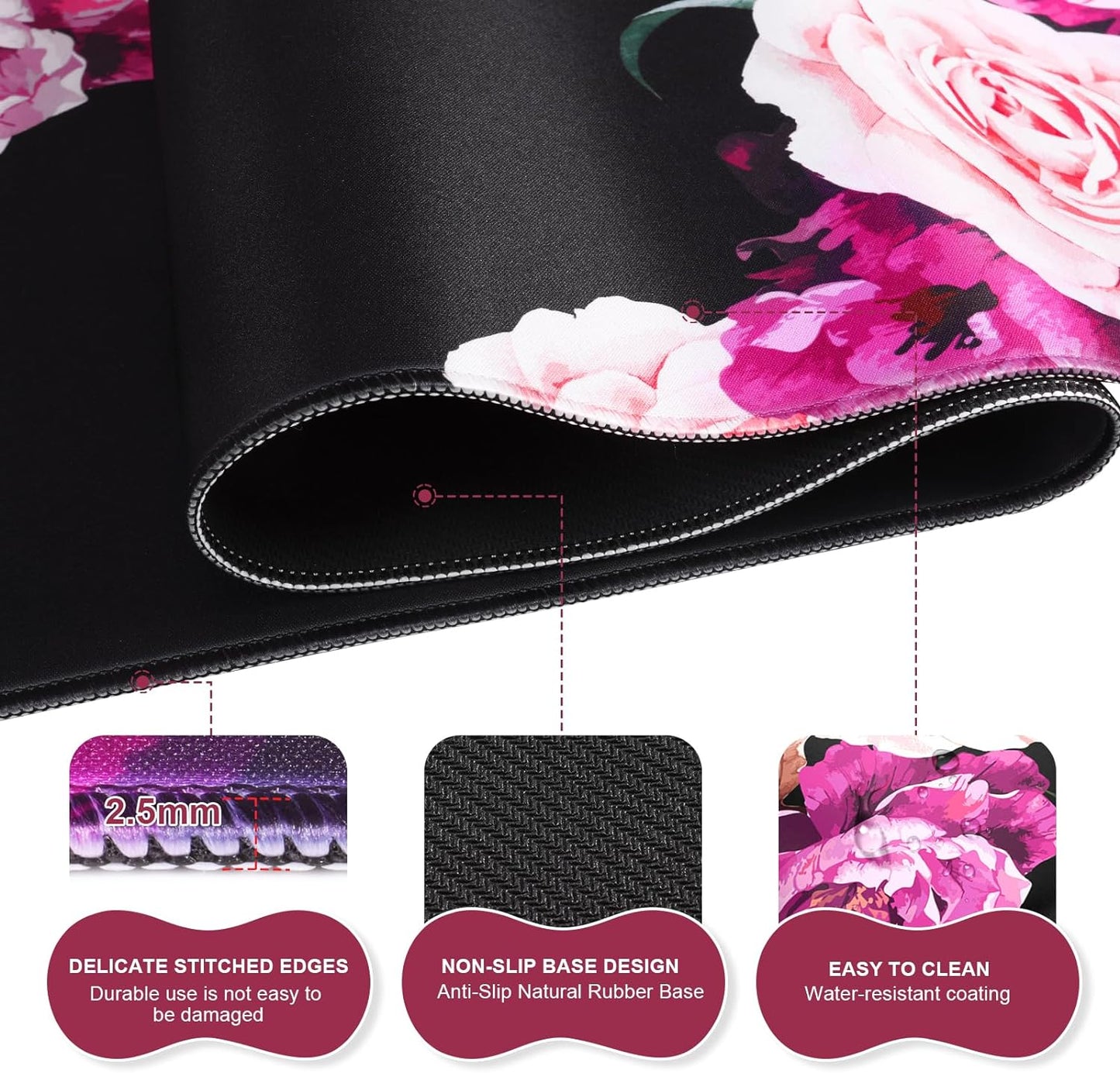 Ileadon Mouse Pad Set, Desk Mat + Mouse Pad with Wrist Rest + Keyboard Wrist Rest + Coaster, Mouse and Keyboard Pad Set with Stitched Edge & Non-Slip Base, Desk Pad Mat for Work Gaming, Peony Flower