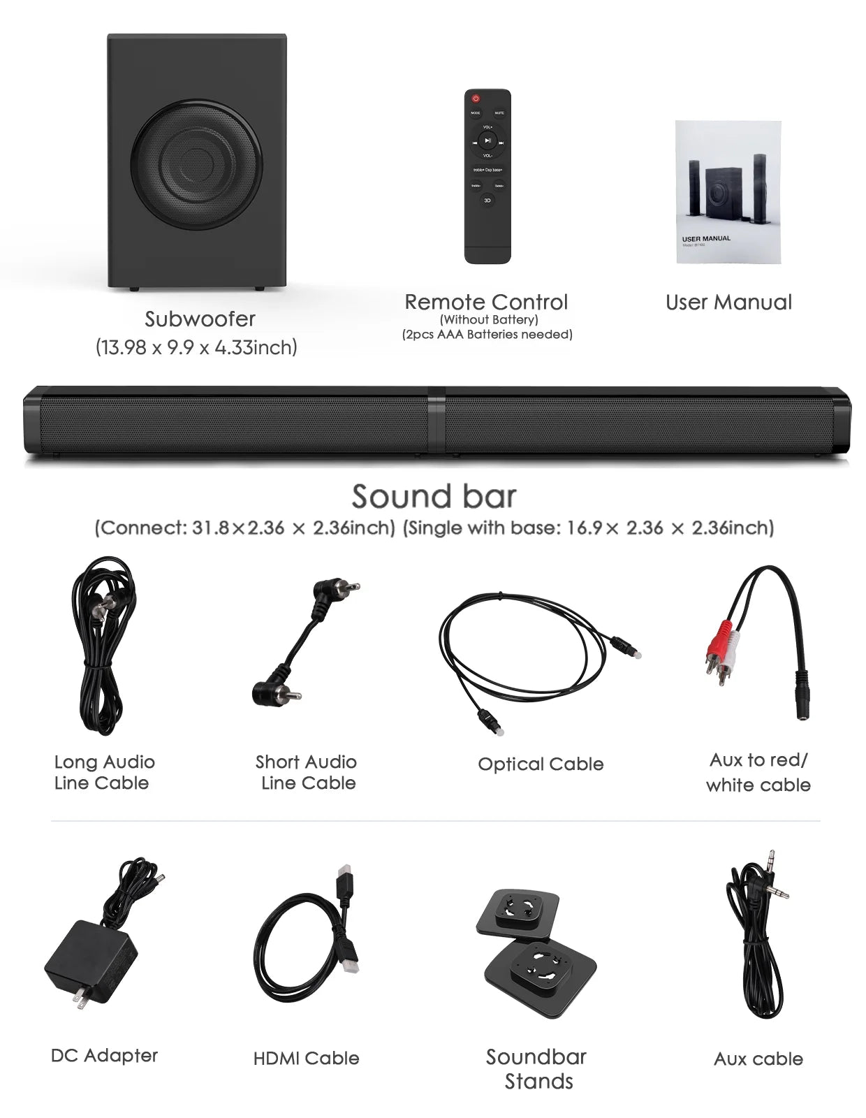 Soundbar with Subwoofer, 2.1 CH Separable Sound Bars for TV, Bluetooth/Hdmi-Arc/Aux/Opt 3D Surround Sound
