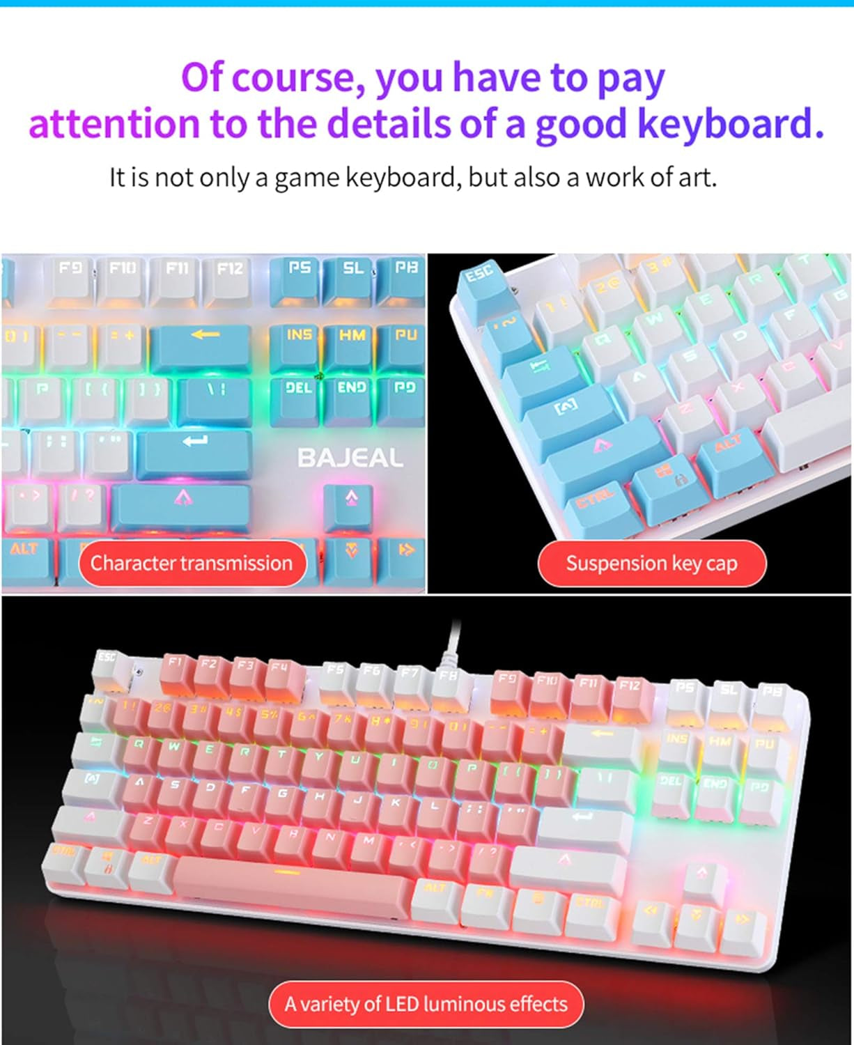 FKZ Bajeal Mechanical Keyboard,Hotswap 87 Keys Keyboard,Usb Wired Blue Switch Keyboard Shine-Through Keycaps,Rgb Backlit Gaming TKL Tenkeyless Keyboard (White Blue)