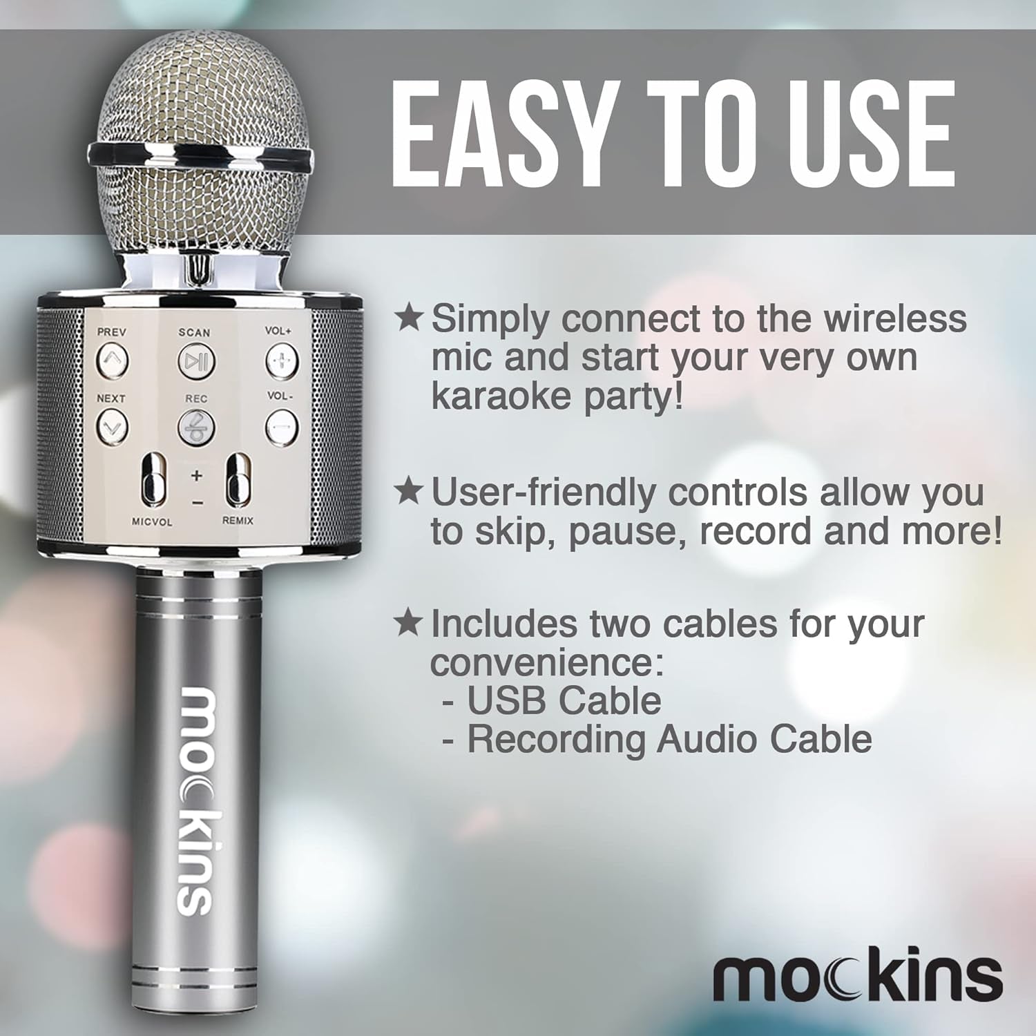 Mockins Silver Bluetooth Karaoke Microphone for Kids with Built in Bluetooth Microphone Wireless Speaker| Wireless Microphone Karaoke Compatible with Ios & Android | All-In-One Karaoke Mic