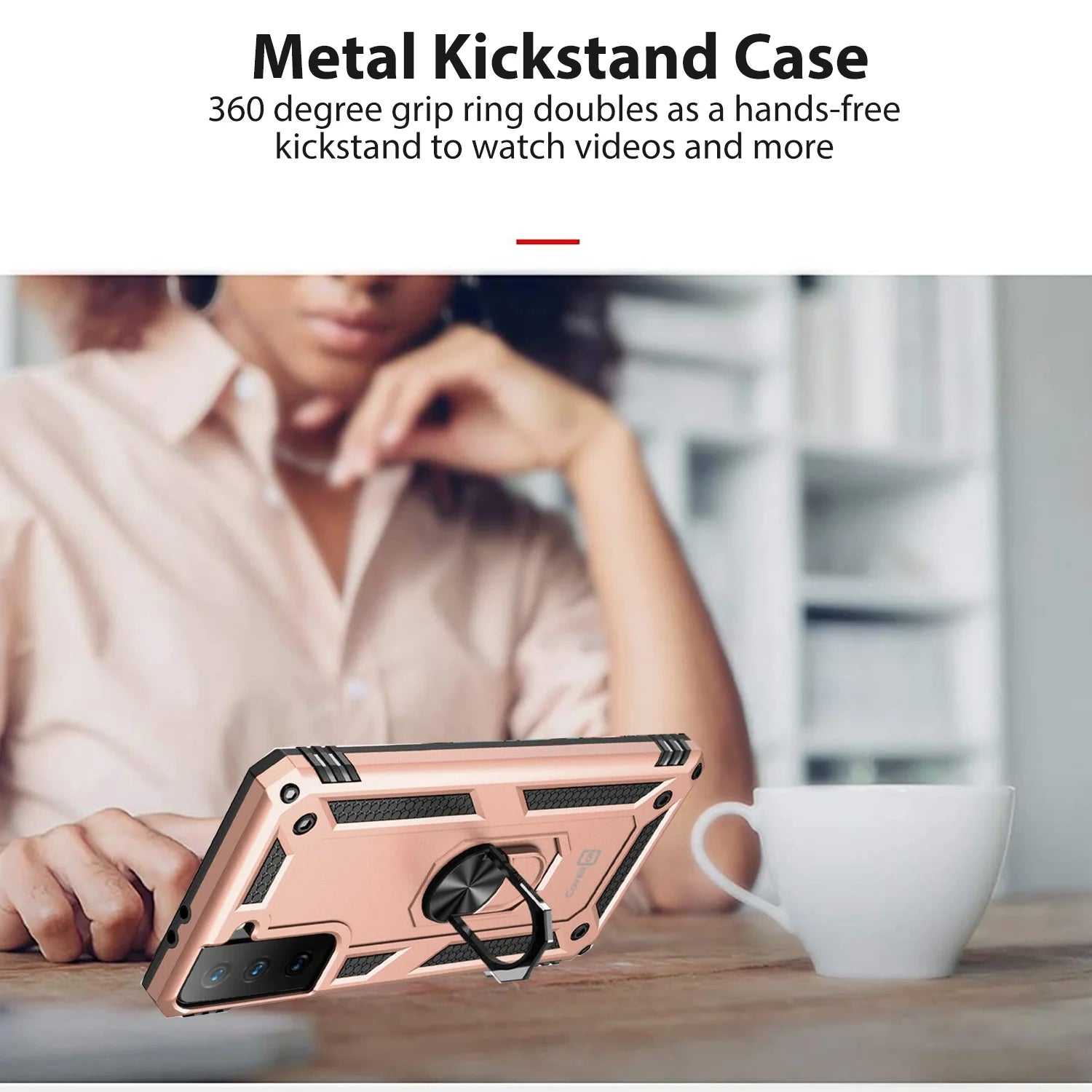 for Samsung Galaxy S21 FE Ring Case, Kickstand Rugged Phone Cover Magnetic Car Mount Compatible - Rose Gold Pink