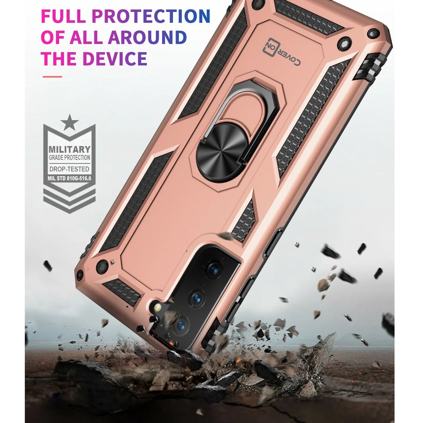for Samsung Galaxy S21 FE Ring Case, Kickstand Rugged Phone Cover Magnetic Car Mount Compatible - Rose Gold Pink