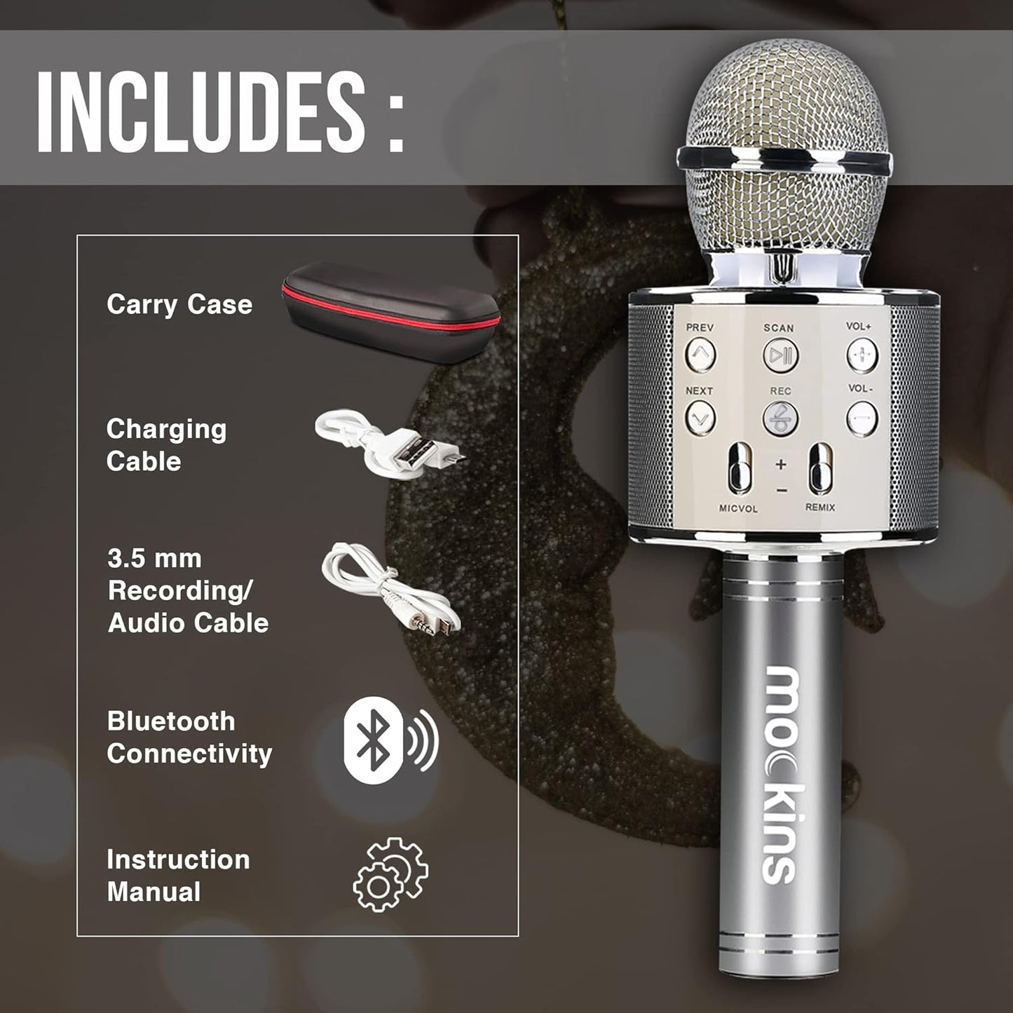 Mockins Silver Bluetooth Karaoke Microphone for Kids with Built in Bluetooth Microphone Wireless Speaker| Wireless Microphone Karaoke Compatible with Ios & Android | All-In-One Karaoke Mic