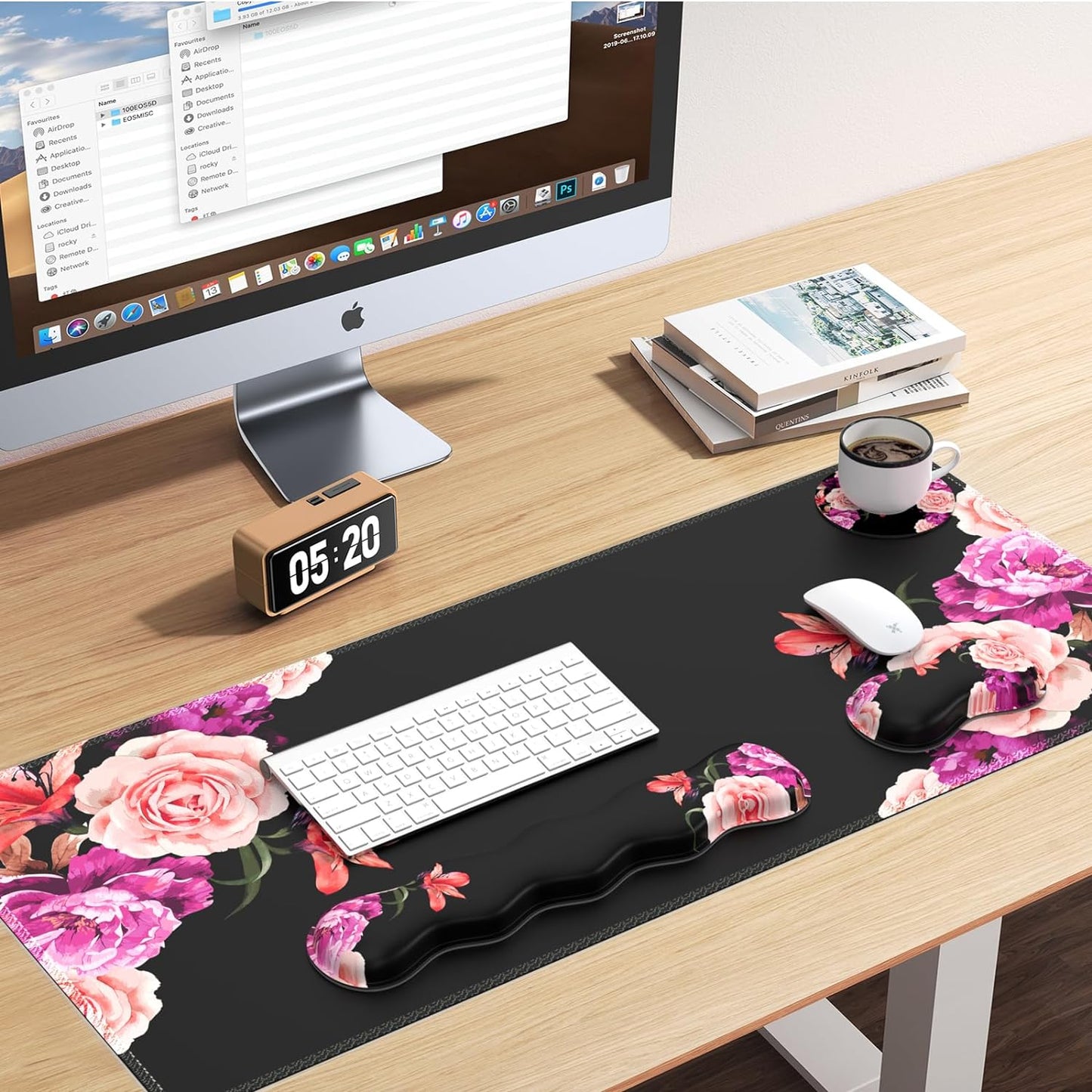 Ileadon Mouse Pad Set, Desk Mat + Mouse Pad with Wrist Rest + Keyboard Wrist Rest + Coaster, Mouse and Keyboard Pad Set with Stitched Edge & Non-Slip Base, Desk Pad Mat for Work Gaming, Peony Flower