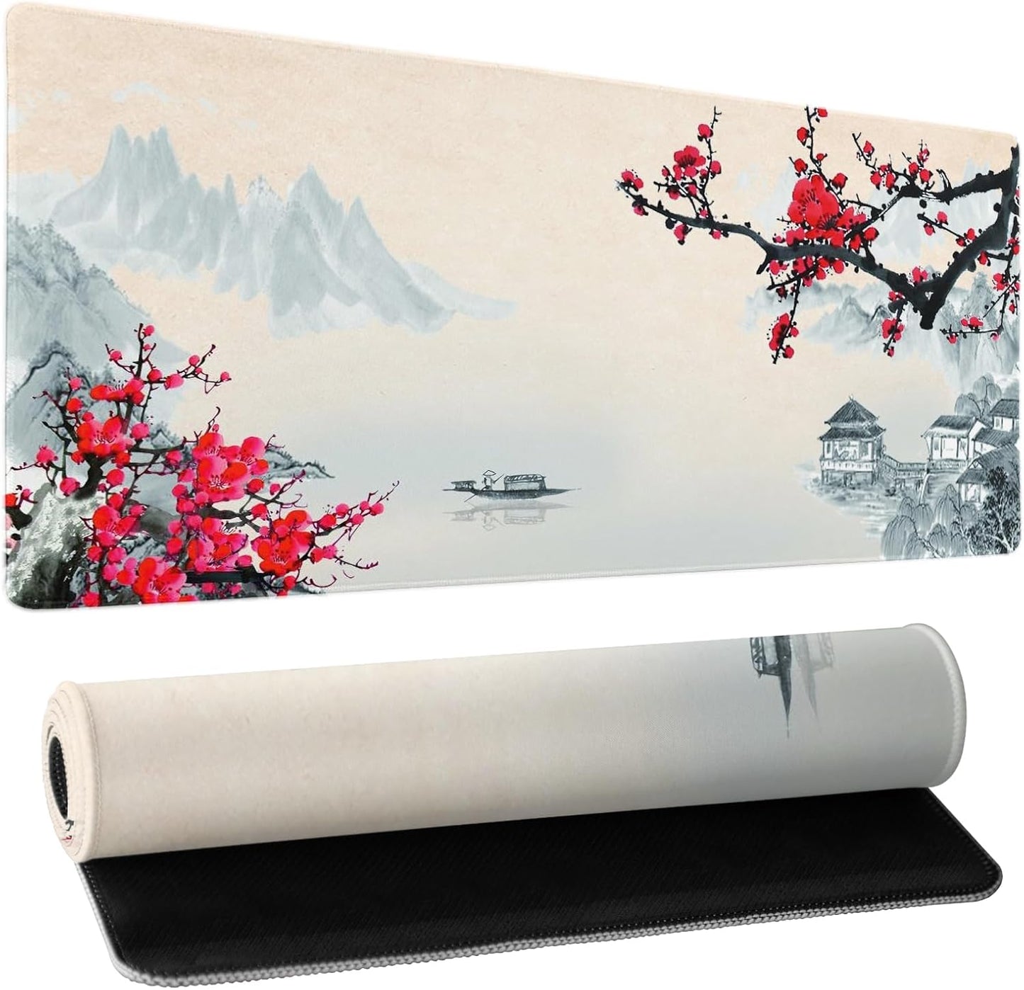 Japanese Cherry Blossom Sakura Large Gaming Mouse Pad 31.5×11.8 Inch XL Extended Waterproof Moudepads Non-Slip Rubber Base Keyboard Mat for Work/Office/Home