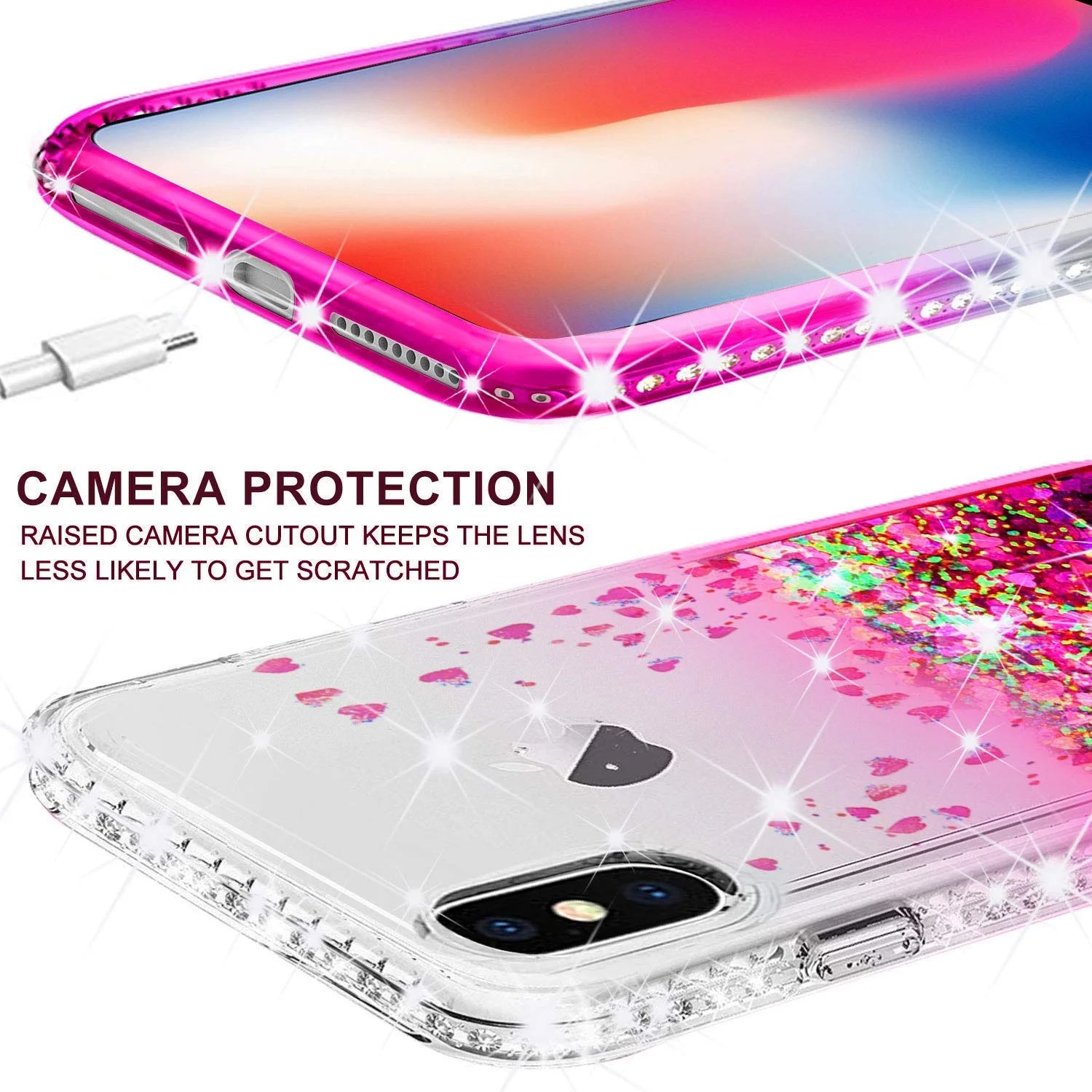 Compatible for Apple Iphone XR Case, with [Temper Glass Screen Protector]  Diamond Glitter Liquid Quicksand Cover Cute Girl Women Phone Case for Iphone XR 6.1 [Cear/Pink]