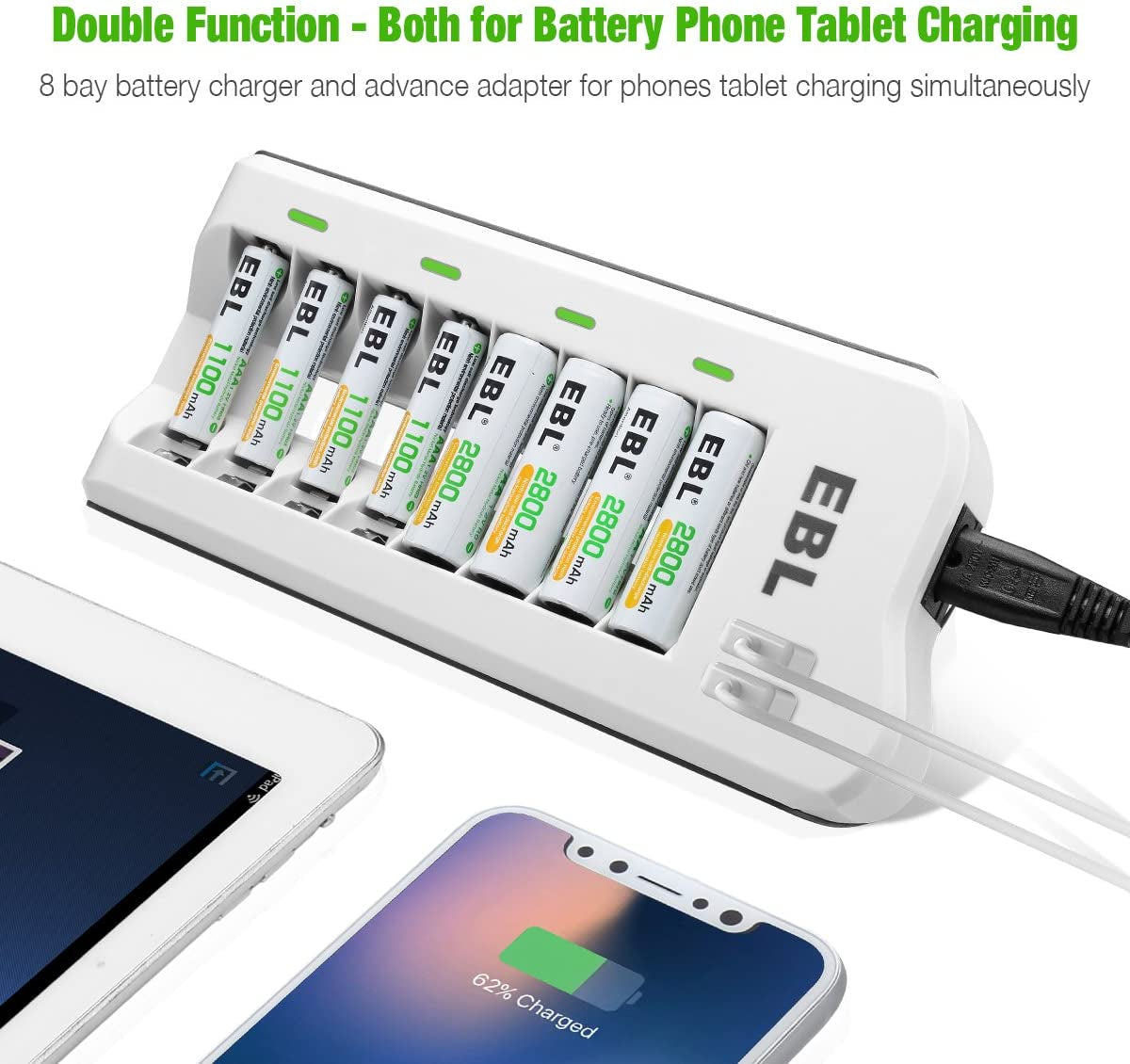 EBL AAA Rechargeable Batteries with Battery Charger Combo - AAA Battery 8 Packs 1.2V Nimh with Smart Individual Household Battery Charger