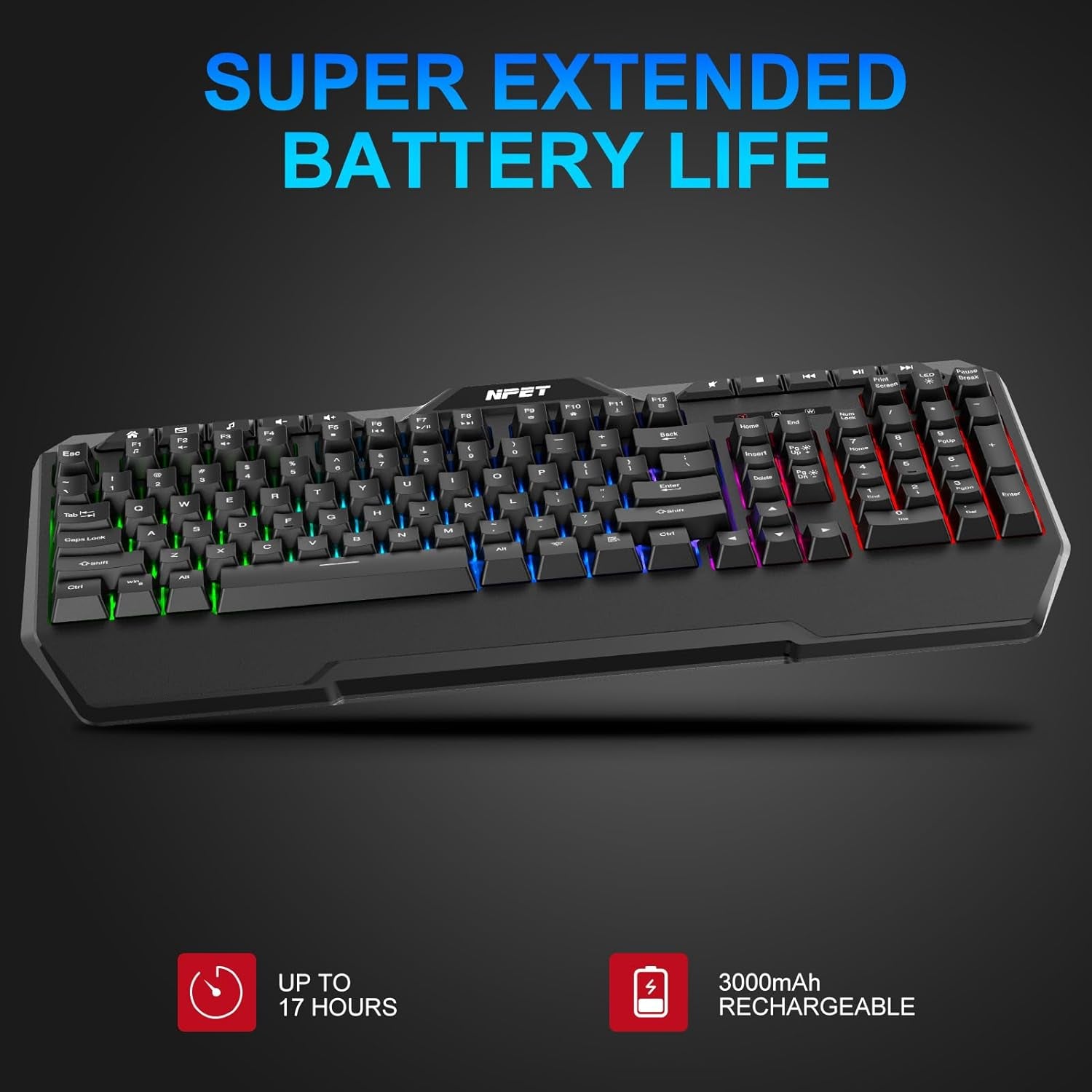 NPET K32 Wireless Gaming Keyboard RGB with Wrist Rest - Long-Lasting Rechargeable Battery - Quick and Quiet Typing - Water Resistant Backlit Wireless Keyboard for PC PS5 PS4 Xbox One Mac - Black