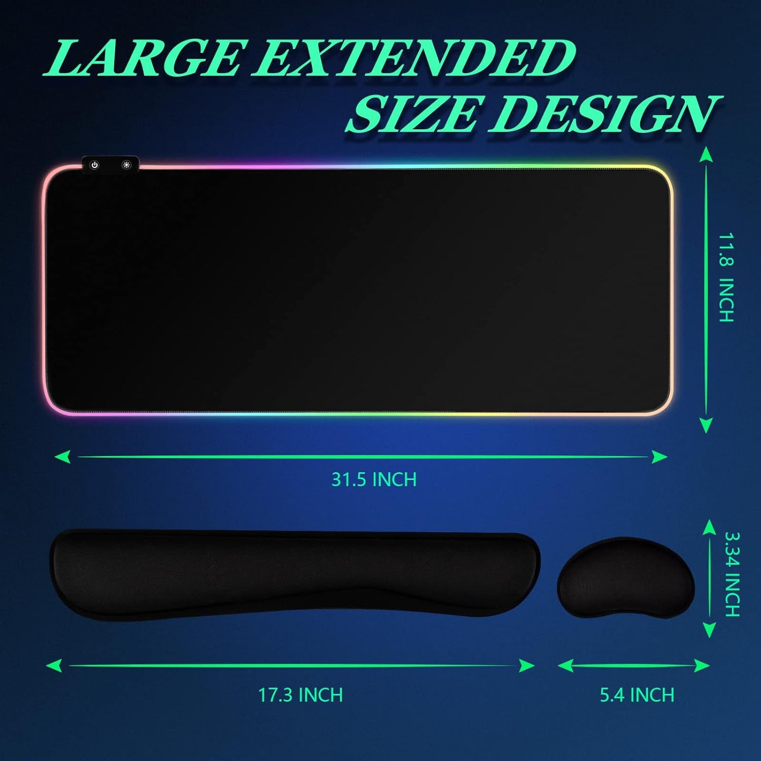 [3-In-1]Rgb Led Gaming Mouse Pad with Wrist Support,Ivienx Gaming Keyboard Mat Mouse Pad[31.5×11.8 In][Black],Light up Mouse Pad Mouse Pad Wrist Support with [15 Light Modes][2 Brightness Levels]