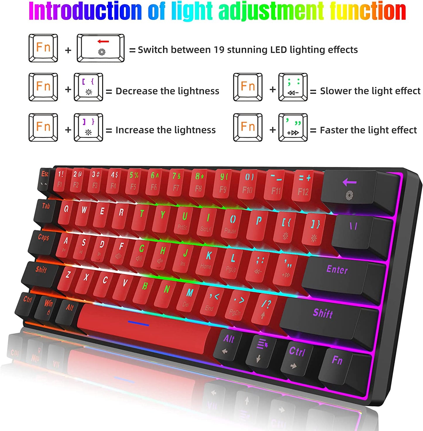 Snpurdiri 60% Wired Mechanical Keyboard, Mini Gaming Keyboard with 61 Keys for PC, Windows XP, Win 7, Win 10 (Black-Red, Red Switches)