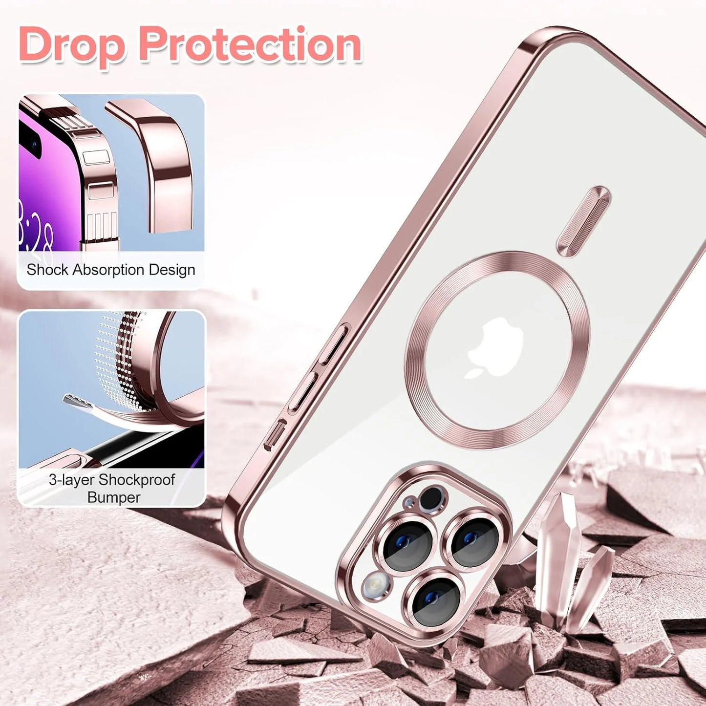 Magnetic Clear Case for Iphone 14 Pro Max, Slim Fit, Anti-Drop Shockproof, Rose