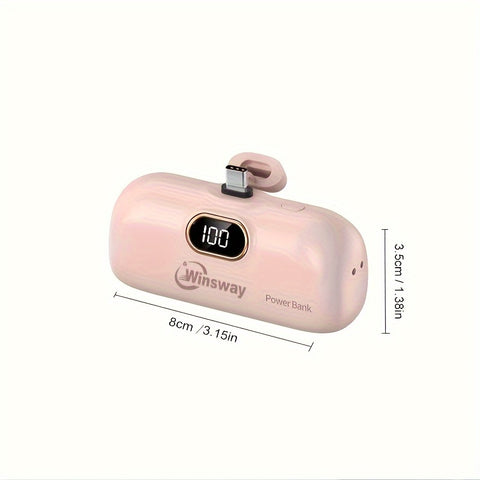1pc Winsway 5000mAh Mini Power Bank with Tail Plug, USB Type-C Portable Charger, Built-In LCD Display, Dual Power Mode, Universal Compatibility, Overheat Protection, Lipstick Size with Hanging Hole