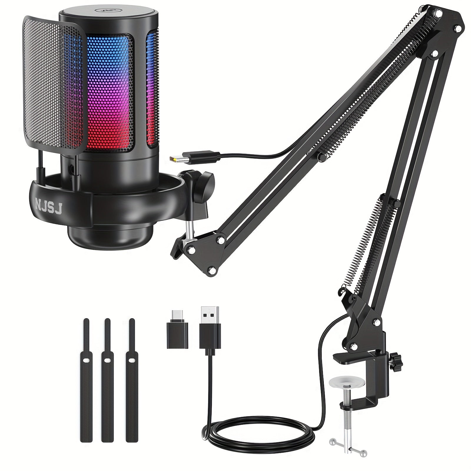 USB Condenser Microphone - Plug-and-Play for PC, PS4, PS5, Mac, and Phone with Touch Mute, Brilliant RGB Lighting, Gain Knob, Monitoring Jack, and Volume Control for Streaming, Podcasting, and Online Calls - NJSJ Brand