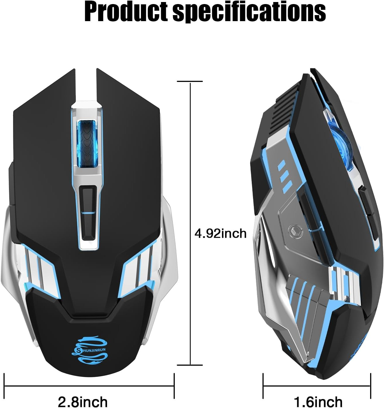Multi-Device Bluetooth Mouse Wireless, Rechargeable, USB Receiver, 7 Buttons & Silent Click, Ergonomic, 7-Color Backlit, LED Light up Mice for Laptop, Computer, Mac, PC, Chromebook - Black