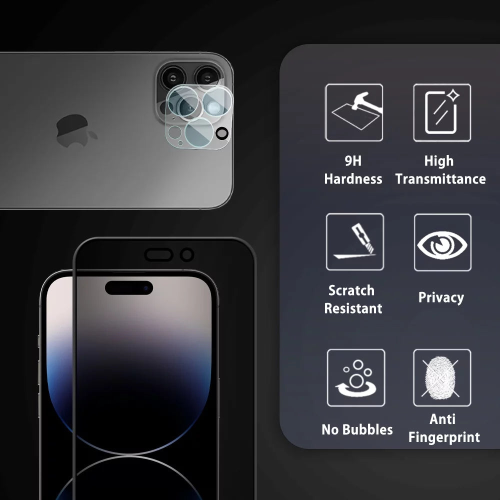 Compatible with Iphone 14 Pro Max/ Iphone 14 Pro/ Iphone 14/ Iphone 14 plus Privacy Screen Protector + Camera Lens Protector,Anti Scratch 9H Tempered Glass Screen Protector Film - [2 + 2 Pack]