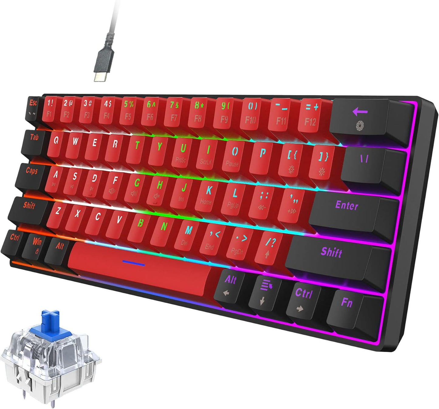 Snpurdiri 60% Wired Mechanical Keyboard, Mini Gaming Keyboard with 61 Keys for PC, Windows XP, Win 7, Win 10 (Black-Red, Red Switches)