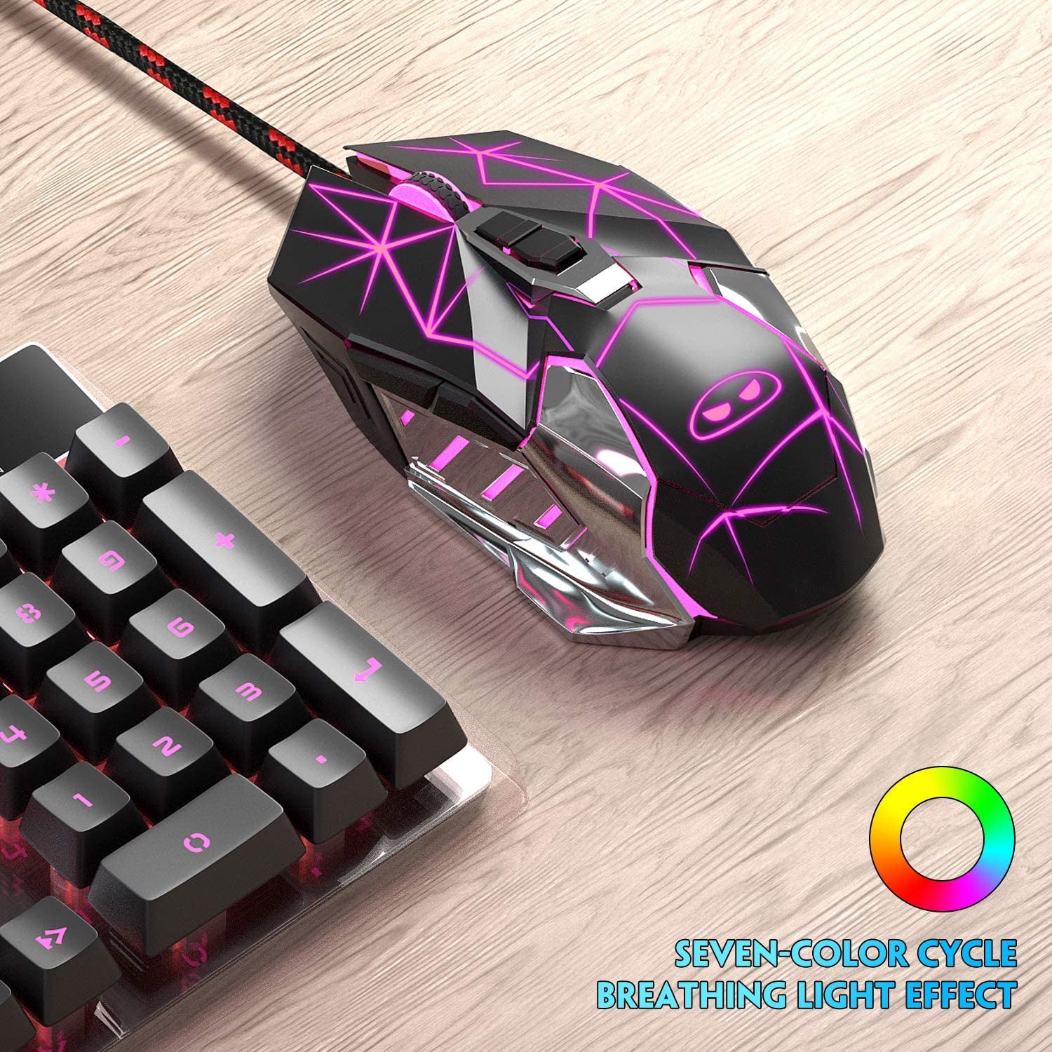 Magegee G10 Gaming Mouse Wired, 7 Colors Breathing LED Backlit Gaming Mouse, 6 Adjustable Speeds, Ergonomic Optical Computer Mouse with 7 Buttons for Windows PC Gamers