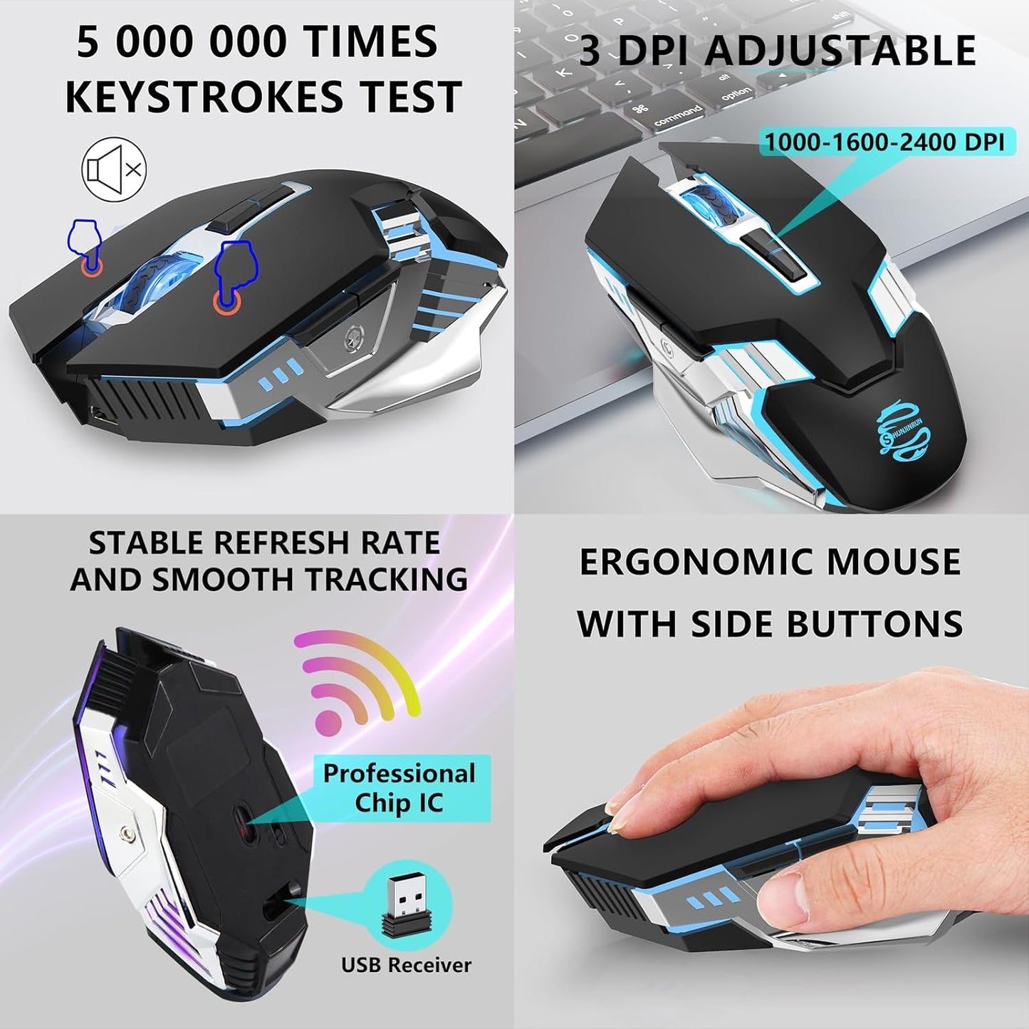 Multi-Device Bluetooth Mouse Wireless, Rechargeable, USB Receiver, 7 Buttons & Silent Click, Ergonomic, 7-Color Backlit, LED Light up Mice for Laptop, Computer, Mac, PC, Chromebook - Black