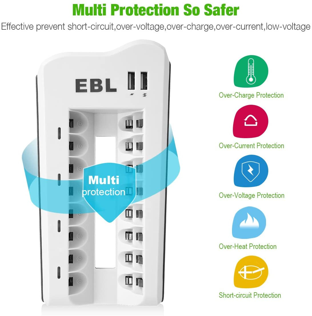 EBL AAA Rechargeable Batteries with Battery Charger Combo - AAA Battery 8 Packs 1.2V Nimh with Smart Individual Household Battery Charger
