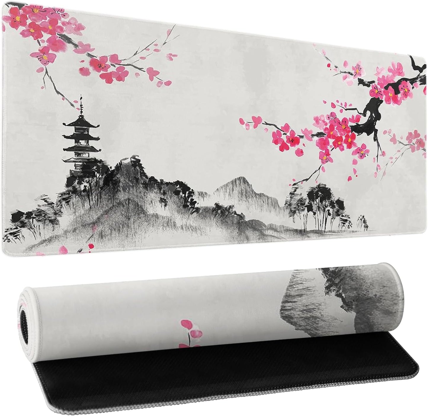 Japanese Cherry Blossom Sakura Large Gaming Mouse Pad 31.5×11.8 Inch XL Extended Waterproof Moudepads Non-Slip Rubber Base Keyboard Mat for Work/Office/Home