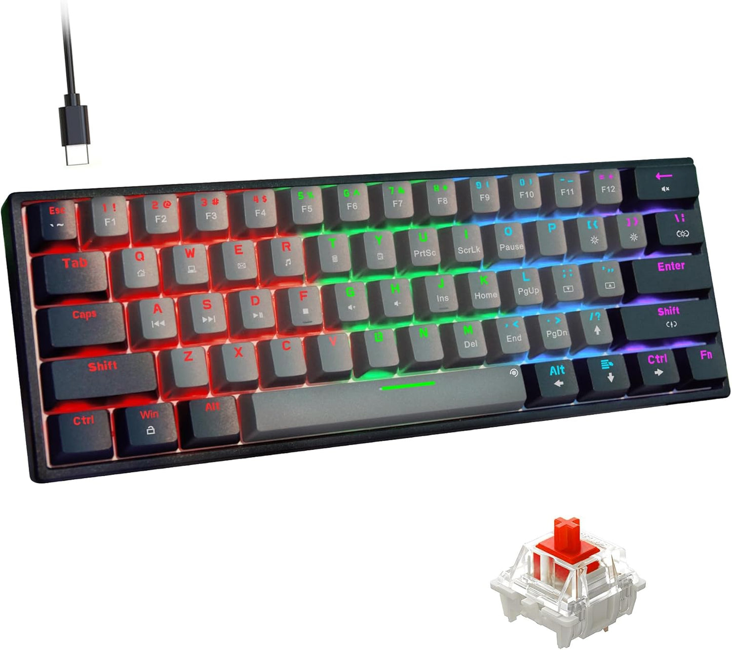 Snpurdiri 60% Wired Mechanical Keyboard, Mini Gaming Keyboard with 61 Keys for PC, Windows XP, Win 7, Win 10 (Black-Red, Red Switches)