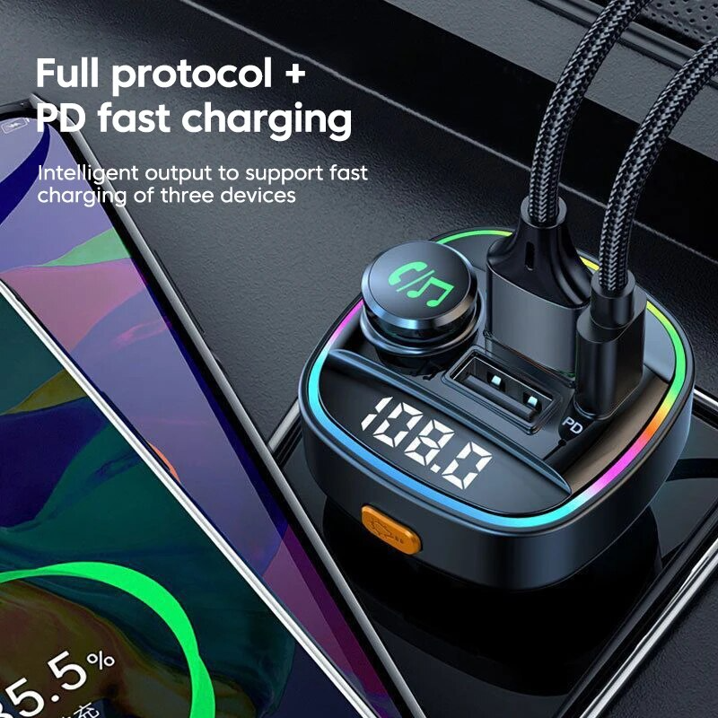 Bluetooth 5.0 Car Wireless FM Transmitter Adapter USB PD Charger AUX