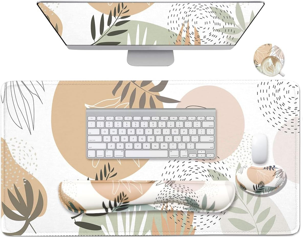 4-In-1 Large Gaming Mouse Pad, Keyboard Wrist Rest Pad & Wrist Support Mousepad Set, Extended Desk Pad Waterproof Desk Mat for Home Office Study Game-Beach