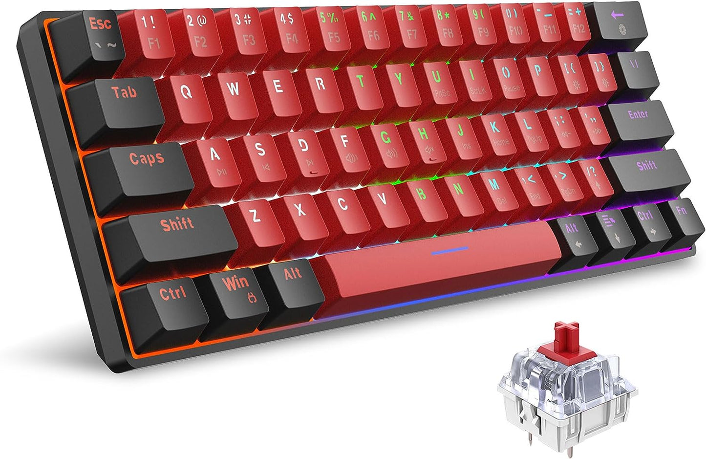 Snpurdiri 60% Wired Mechanical Keyboard, Mini Gaming Keyboard with 61 Keys for PC, Windows XP, Win 7, Win 10 (Black-Red, Red Switches)