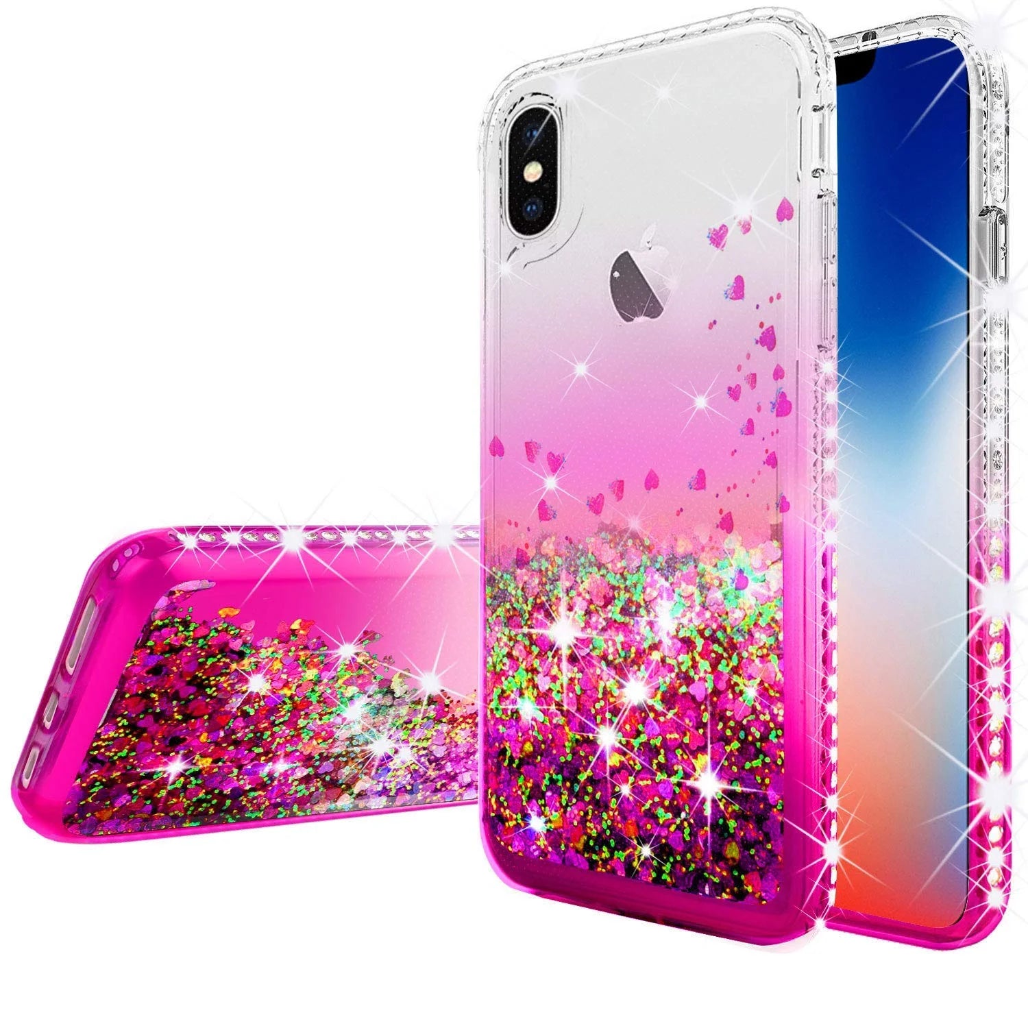 Compatible for Apple Iphone XR Case, with [Temper Glass Screen Protector]  Diamond Glitter Liquid Quicksand Cover Cute Girl Women Phone Case for Iphone XR 6.1 [Cear/Pink]