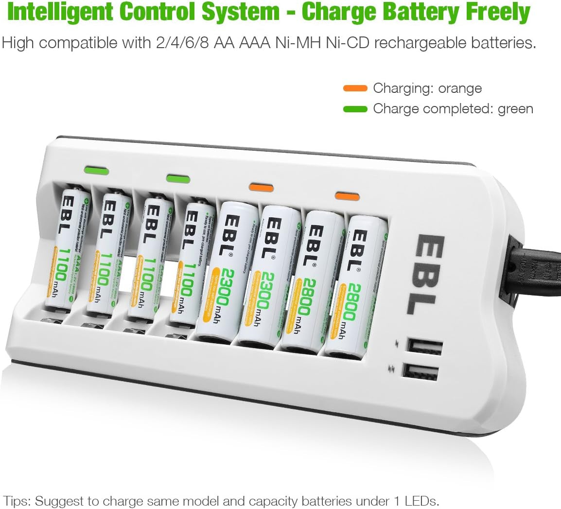 EBL AAA Rechargeable Batteries with Battery Charger Combo - AAA Battery 8 Packs 1.2V Nimh with Smart Individual Household Battery Charger