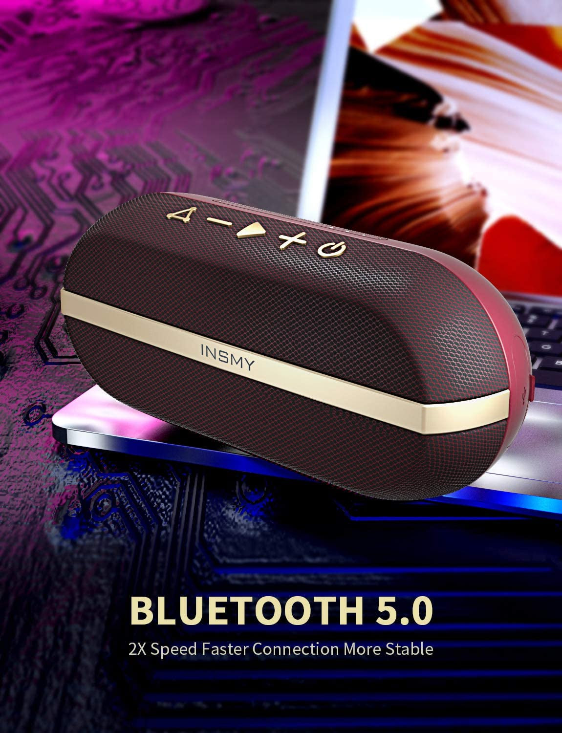 INSMY Portable Bluetooth Speakers, IPX7 Waterproof Floating 20W Wireless Speaker Loud Sound Rich Bass, Stereo Pairing Max 40W, 24 Hours Built-In Mic for Outdoors Camping Pool (Red)