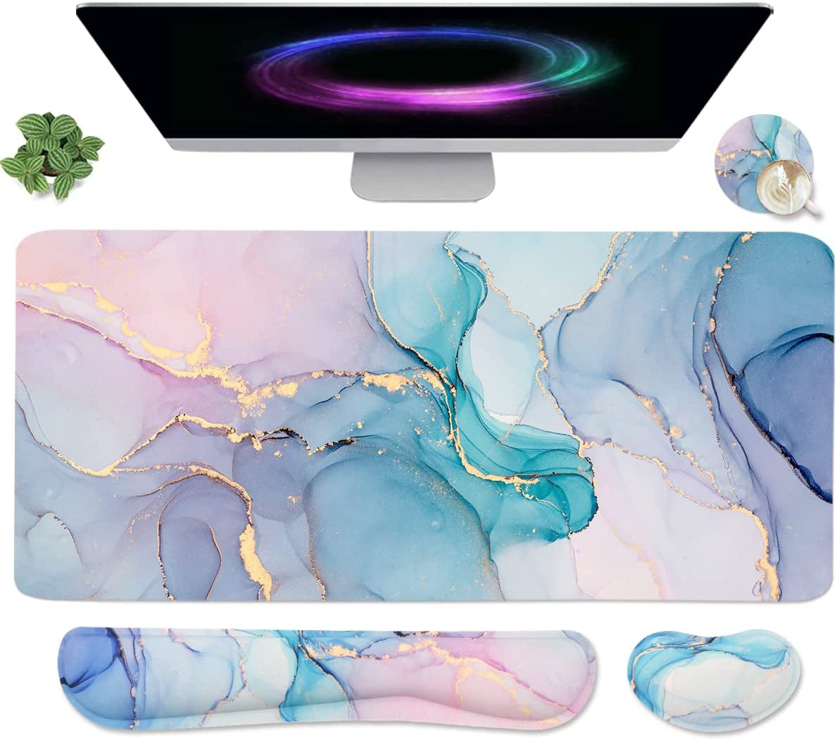 4-In-1 Large Gaming Mouse Pad, Keyboard Wrist Rest Pad & Wrist Support Mousepad Set, Extended Desk Pad Waterproof Desk Mat for Home Office Study Game-Beach