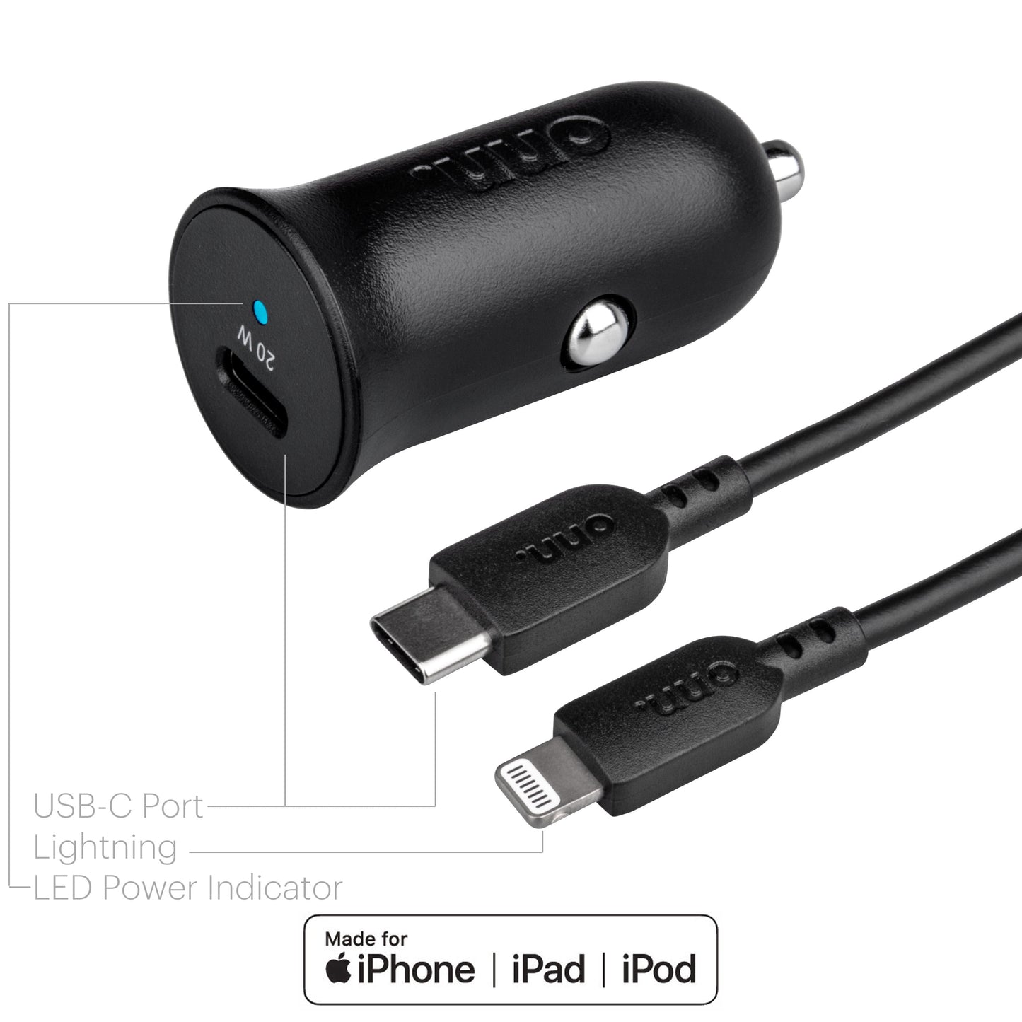 . 20W Power Delivery Car Charging Kit with Lightning to USB-C Cable, Black