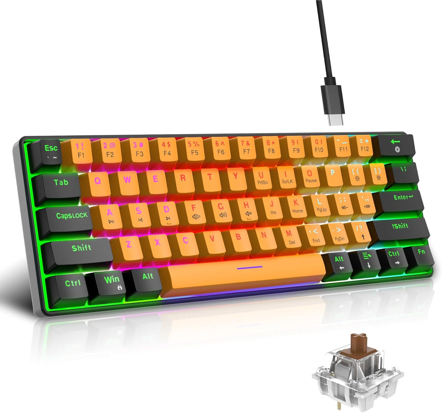 Snpurdiri 60% Wired Mechanical Keyboard, Mini Gaming Keyboard with 61 Keys for PC, Windows XP, Win 7, Win 10 (Black-Red, Red Switches)