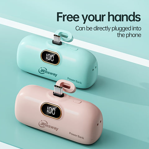 1pc Winsway 5000mAh Mini Power Bank with Tail Plug, USB Type-C Portable Charger, Built-In LCD Display, Dual Power Mode, Universal Compatibility, Overheat Protection, Lipstick Size with Hanging Hole